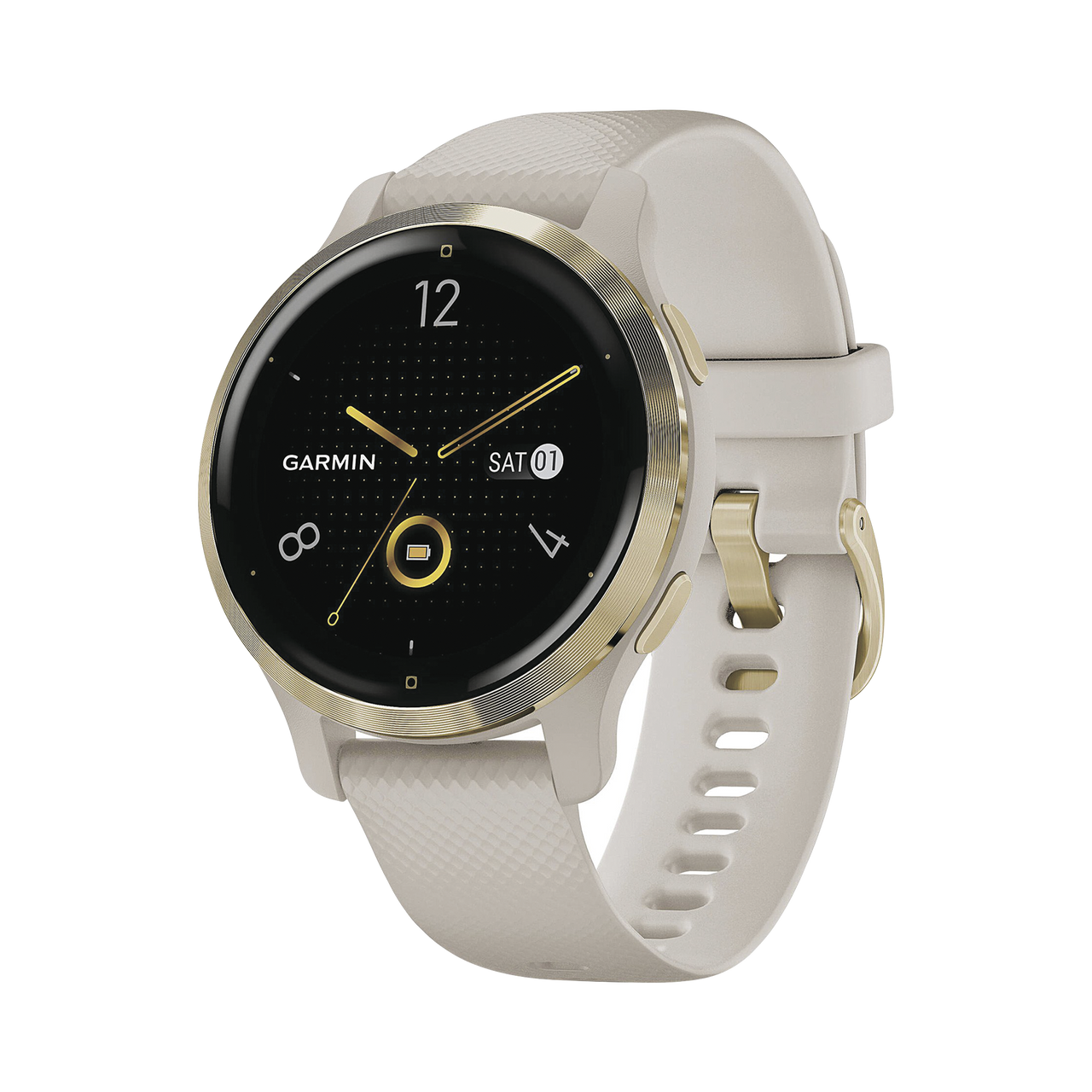 10-02429-01 Reloj Garmin Venu 2S color beige en bisel de acero inoxidable, con funciones premium como almacenamiento y reproducción de hasta 2000 canciones.