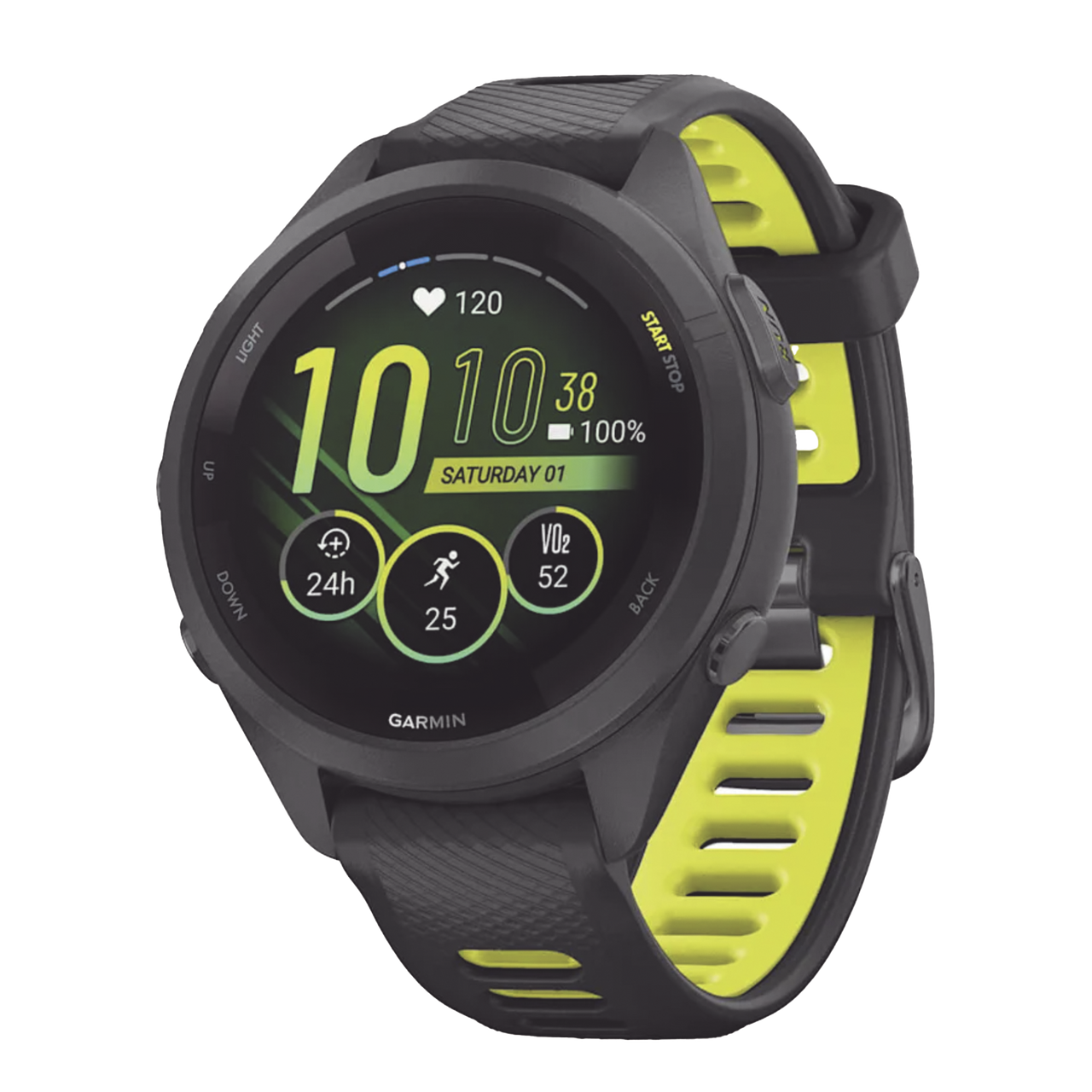 10-02810-03 Forerunner® 265S, Bisel y carcasa en negro con correa de silicona en negro/amarillo