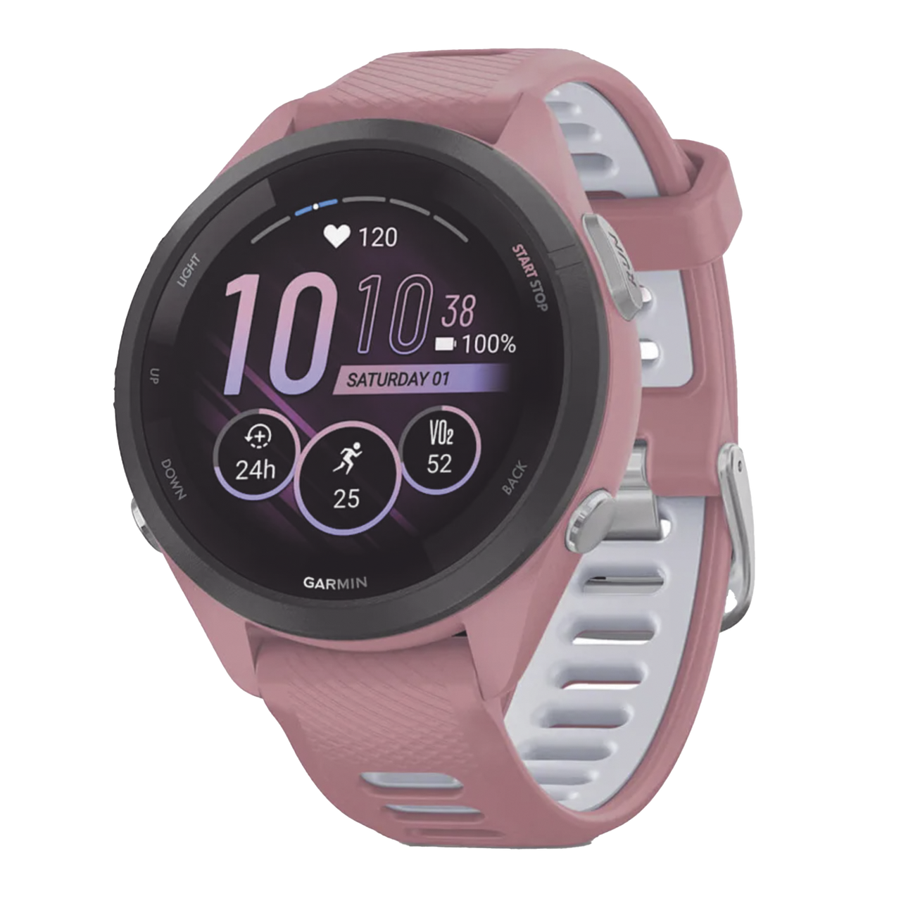 10-02810-05 	Forerunner® 265S, Bisel negro con carcasa en rosa y correa de silicona en rosa/gris