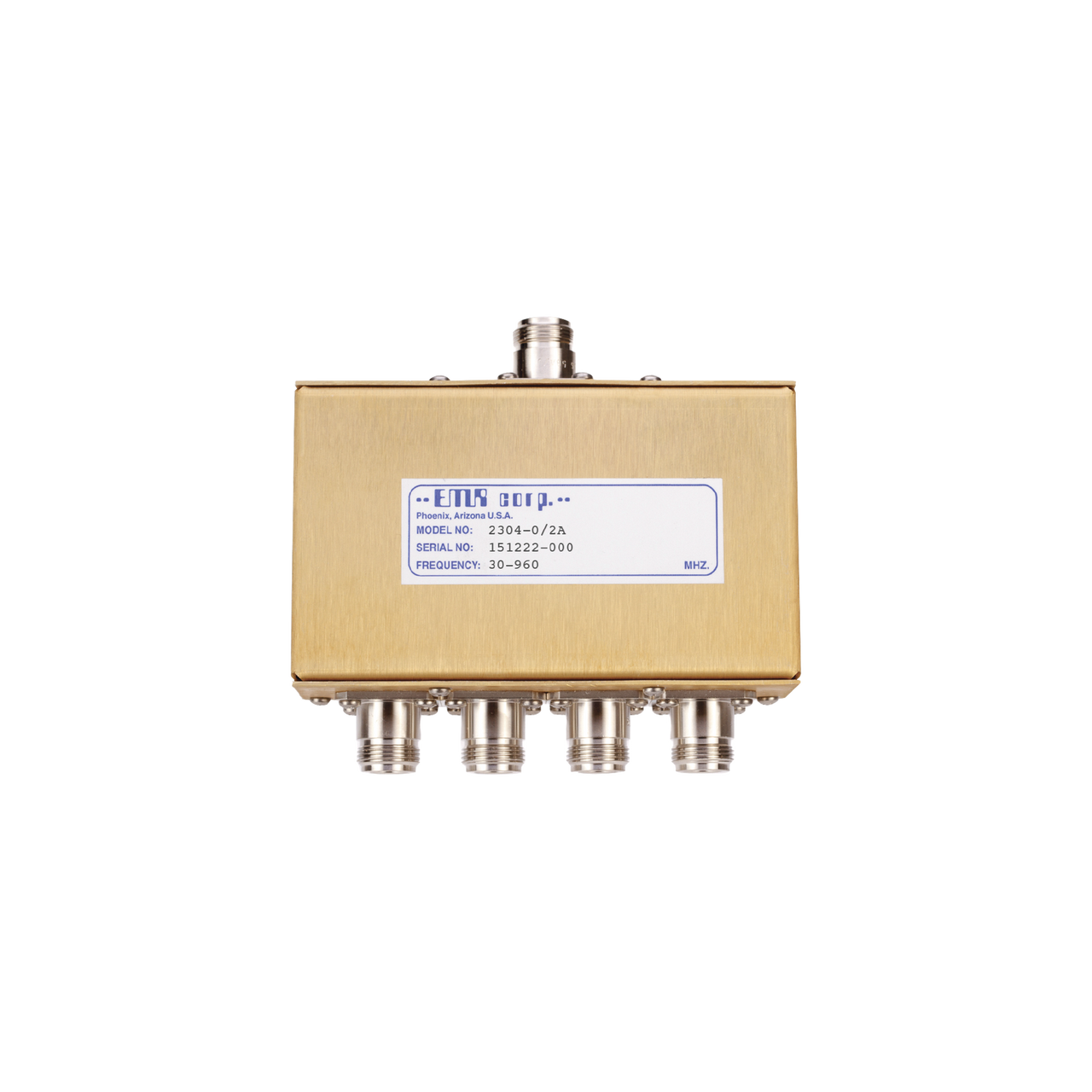 2304-0/2A Divisor de Potencia EMR de 4 Vías, 30-960 MHz, 0.5 Watt, Conectores N Hembra.