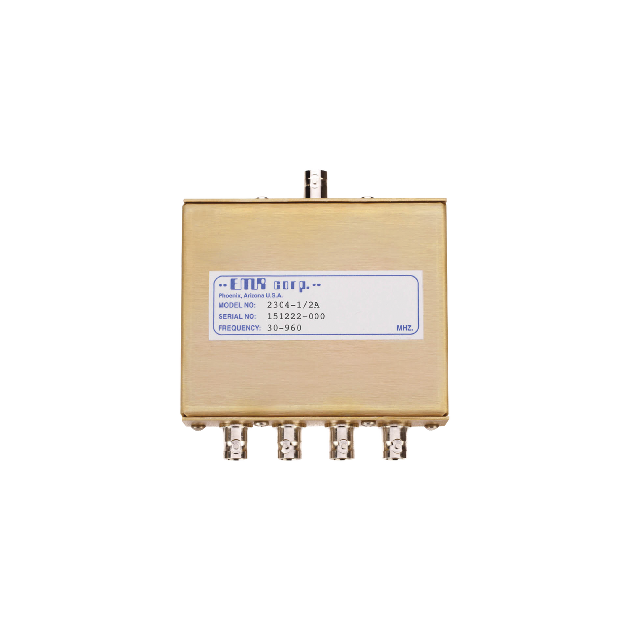 2304-1/2A Divisor de Potencia EMR de 4 Vías, 30-960 MHz, 0.5 Watt, Conectores BNC Hembra.