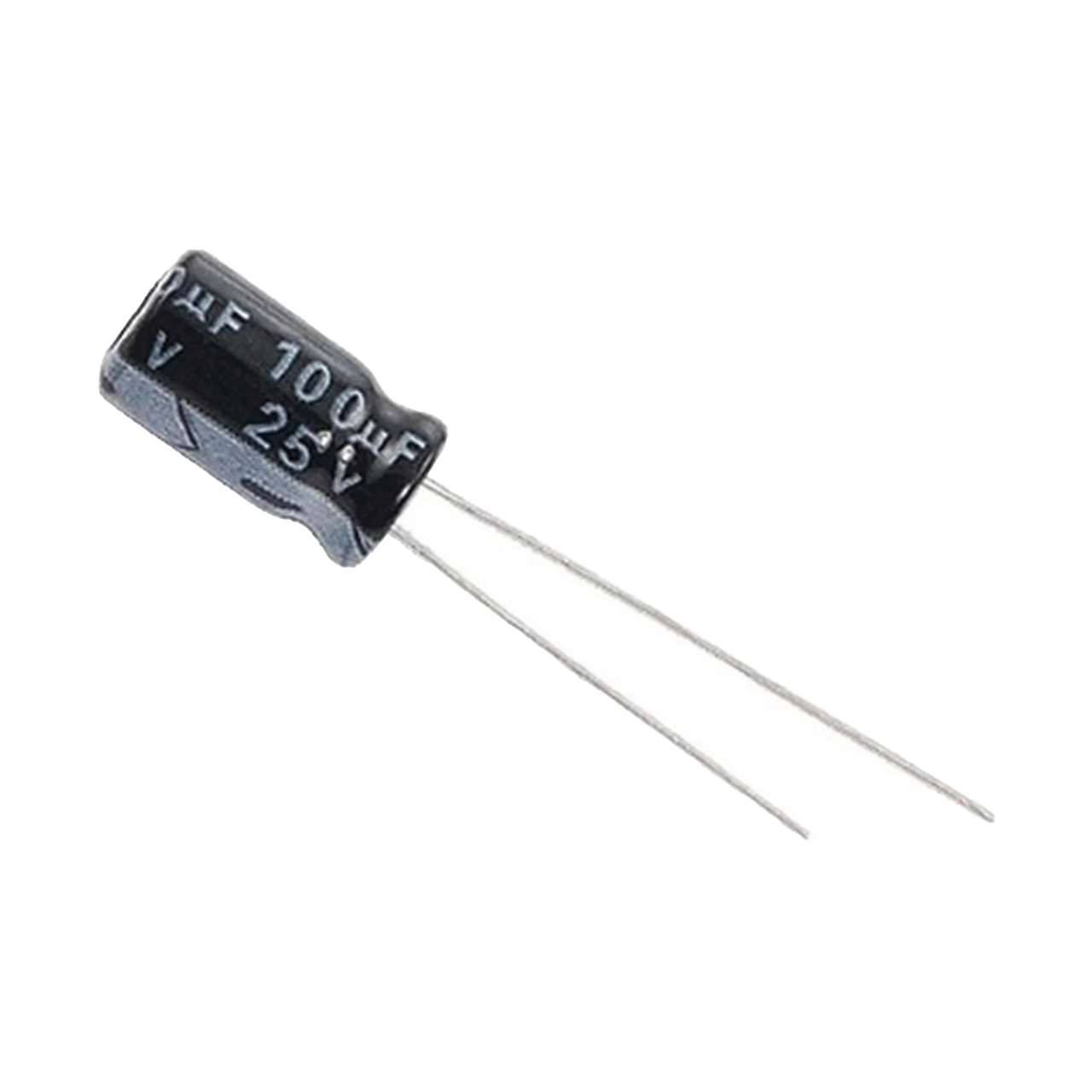 CE100/25V Capacitor Electrolítico de Aluminio, Radial de 100 µFd, 25 Vcc, 105 °C, 6.3 x 11 mm.