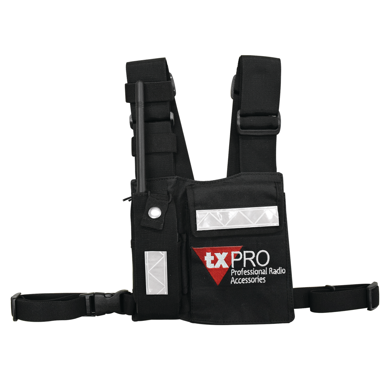 CPP-TXP Pechera Universal con soporte para radio, sostén de bolígrafo y seguridad para la bolsa con cinta adherente. Logo TX-PRO.