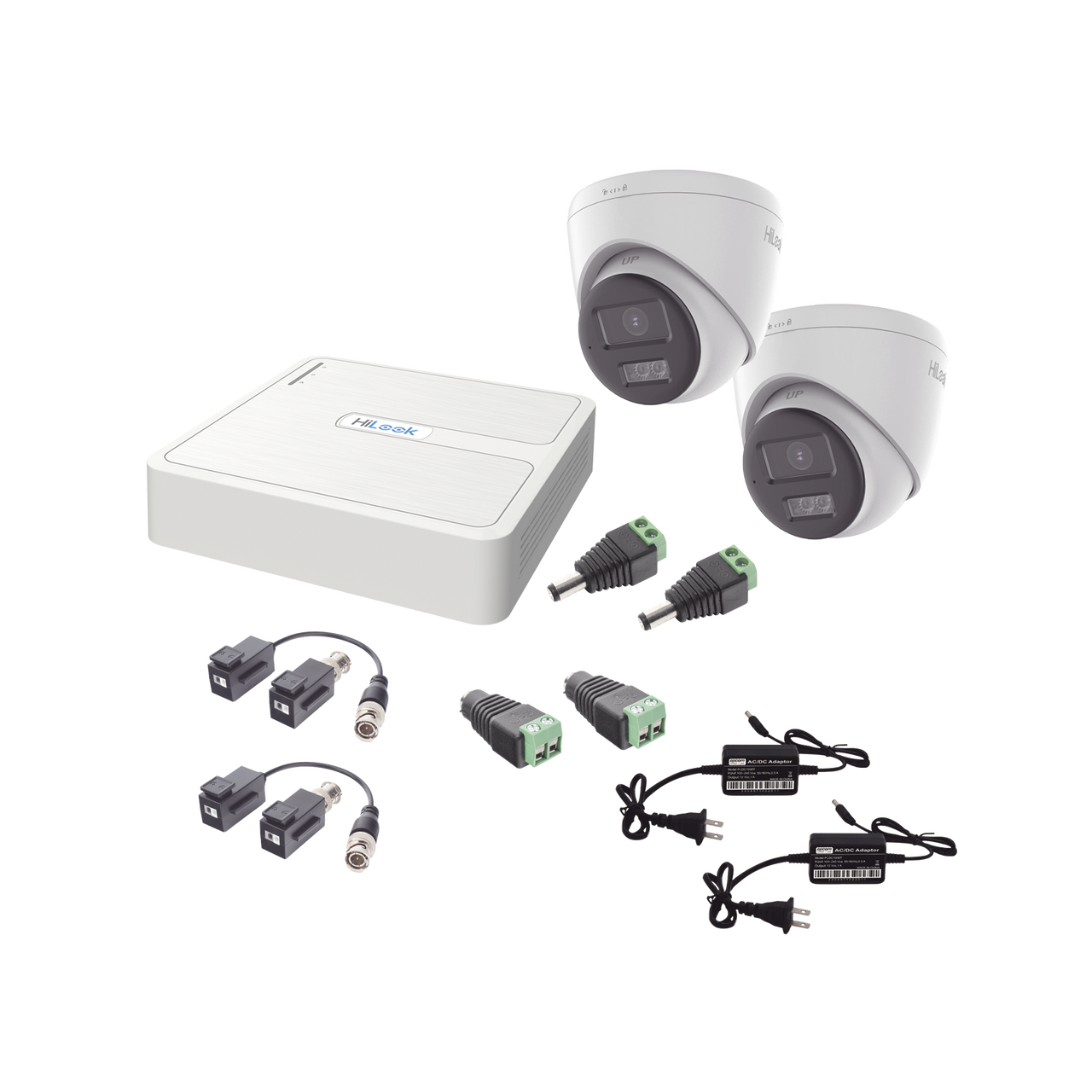 HL-1080P-2E-TWA Kit HiLook Audio Bidireccional TurboHD 1080p / DVR 4 Canales / 2 Cámaras Turret (Exterior) con Bocina y Microfóno Integrado / 2 Fuentes de Poder / Accesorios
