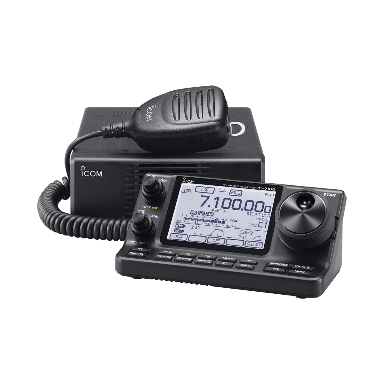 IC-7100 Radio móvil multimodo tribanda HF/VHF/UHF, pantalla touch screen, listo para operar en D-STAR. Incluye microfono, cable de separacion  y cable de alimentacion