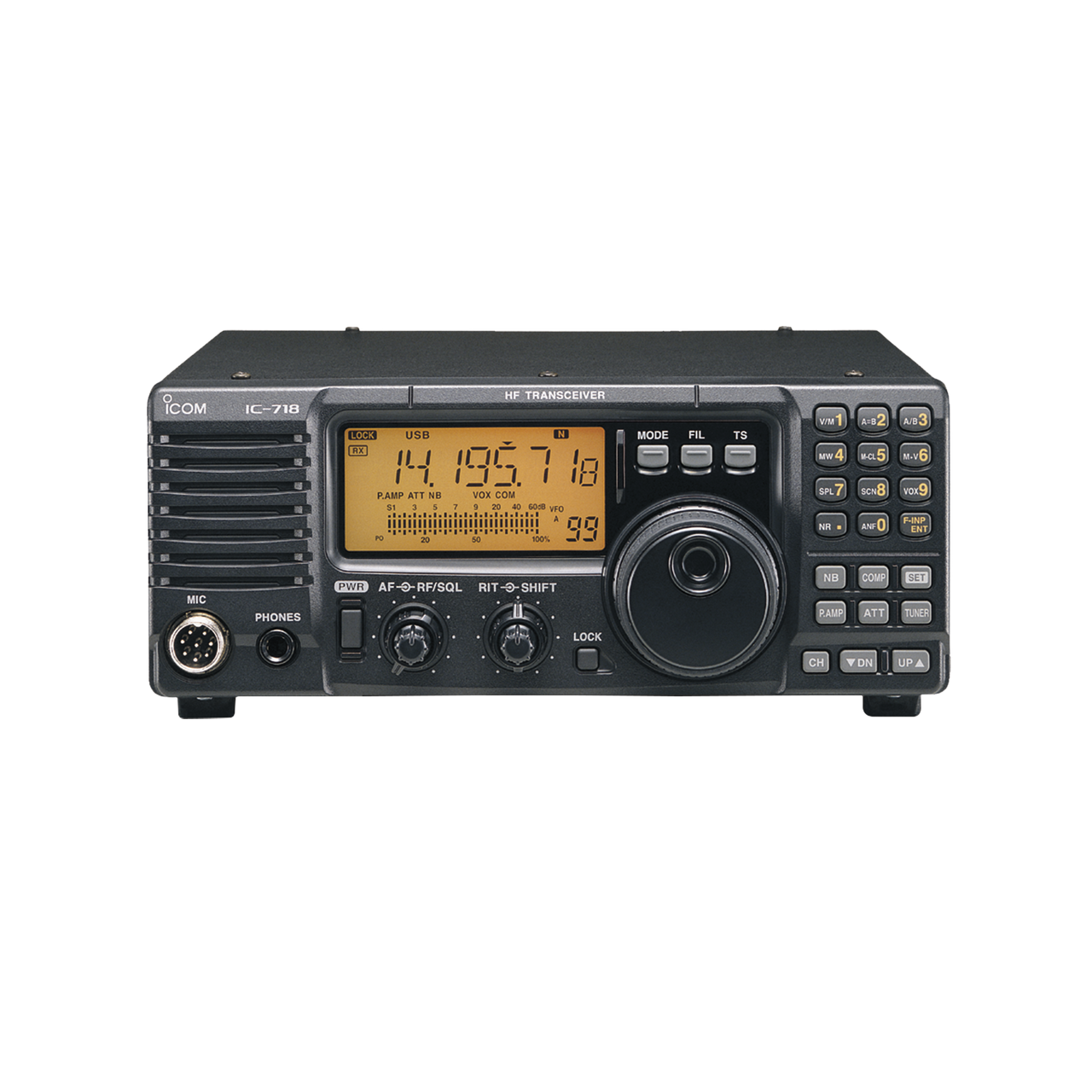 IC718E Radio base HF para Radio aficionados 100W SSB, 40W AM, 101 canales.