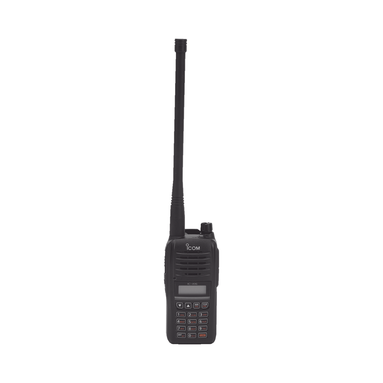 ICA16 Radio Portátil Aéreo, rango de frecuencia 118-136.99166 MHz, 6W PEP, 200 canales alfanuméricos, pantalla de 8 caracteres, incluye bateria, cargador, antena y clip