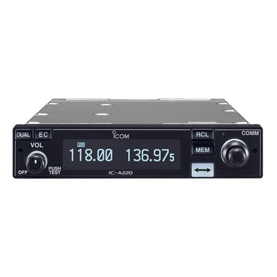 IC-A220 Radio móvil aéreo en rango de frecuencia: 118.000-136.975 MHz, cuenta con 20 canales regulares y 50 canales de memoria.