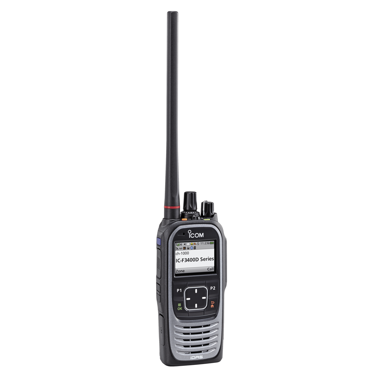 ICF3400DS/11 Radio portátil digital y analógico con pantalla a color en rango de frecuencia 136-174MHz, 1024 canales, 5 W de potencia de RF.  Batería, cargador, antena y clip incluidos.