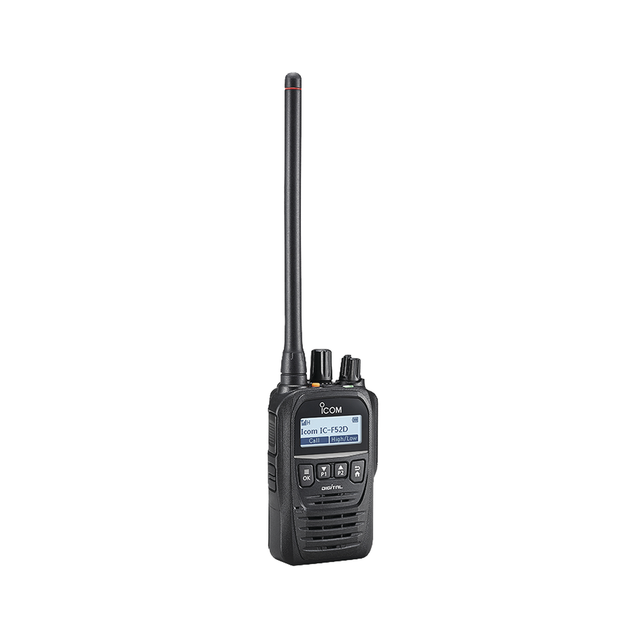 ICF52D/11 Radio digital NXDN con pantalla, en banda de VHF, rango de frecuencia 136-174MHz, con 512 canales, sumergible IP67, bluethooth, grabador de voz. Incluye Batería, antena y cargador