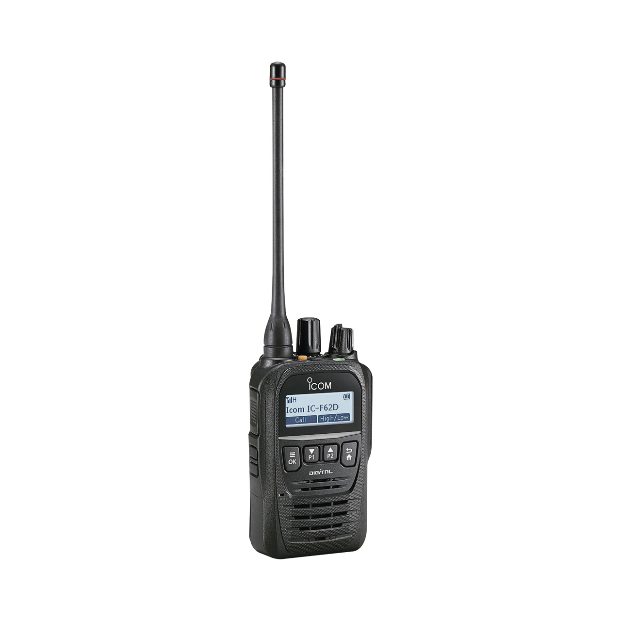 ICF62D/11 Radio digital NXDN con pantalla, en banda de UHF, rango de frecuencia 400-470MHz, con 512 canales, sumergible IP67, bluethooth, grabador de voz.  Batería, cargador, antena y clip incluidos.