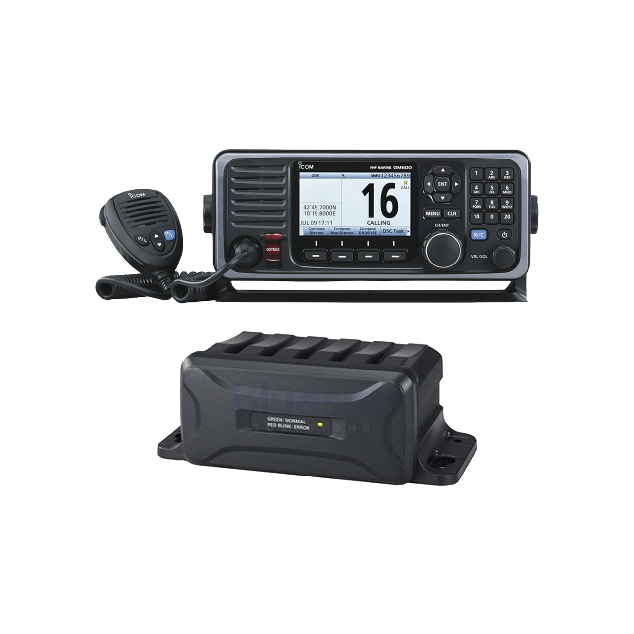 IC-GM600/25EUR12 Radio Móvil Marino en banda de VHF, Rx: 156.025-162.000, Tx: 156.025-161.600 MHz, cumple con GMDSS bajo el requerimiento de SOLAS, pantalla de 4.3 pulgadas. Incluye micrófono, kit de montaje y convertidor de 12VD