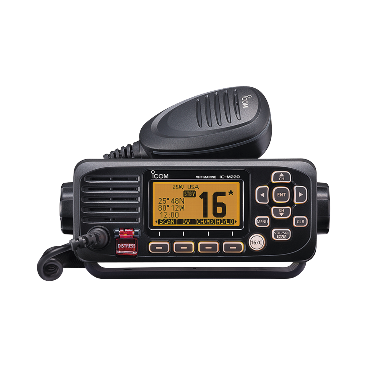IC-M220/13 Radio móvil marino ICOM, Tx: 156.025-157.425MHz, Rx: 156.050-163.275MHz, 25W de potencia, sumergible IPX7 incluye: micrófono, cable de alimentación y accesorios