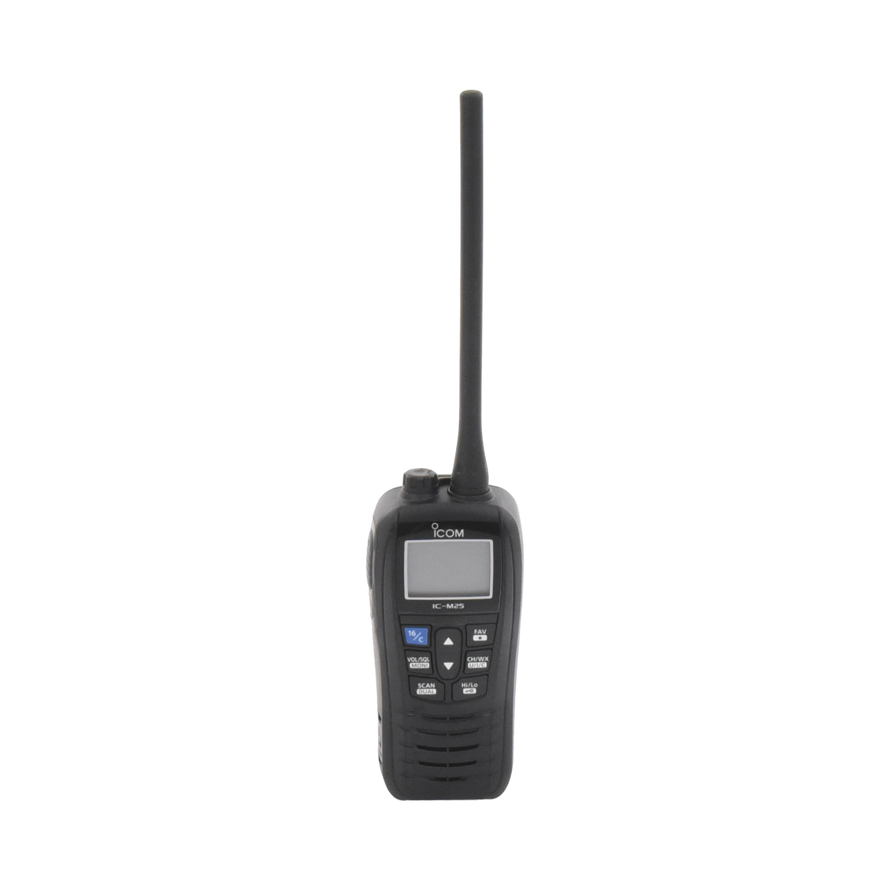 IC-M25BLK Radio portátil marino color negro, 5 W de potencia RF, 0.5 W de salida de audio, flotante, sumergible IPX7, Tx: 156.025-157.425MHz, Rx: 156.050-163.275MHz , incluye batería de 1500mAh, cargador, antena clip y correa de mano