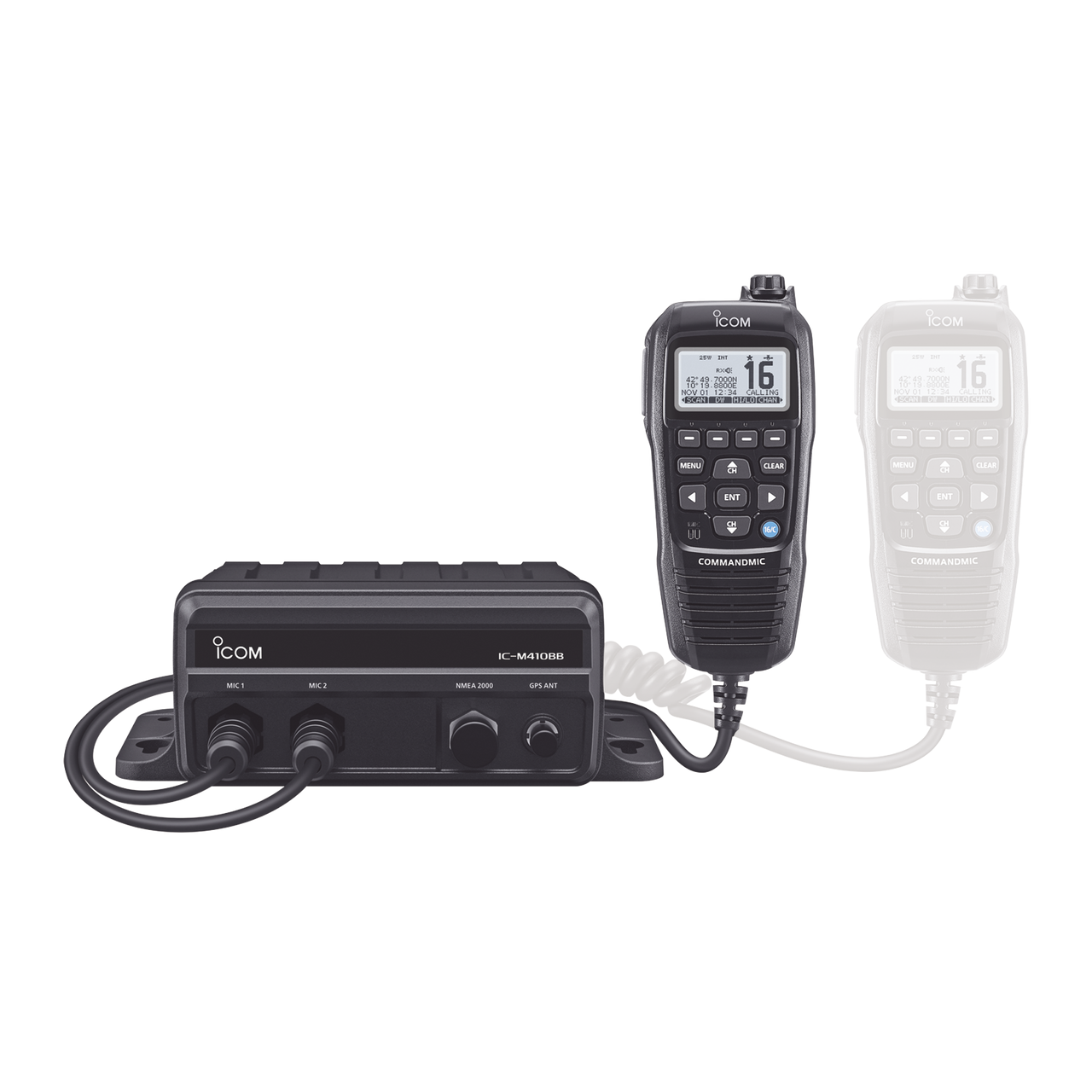 IC-M410BB/GB Radio móvil marino en tipo caja negra con un micrófono remoto command mic incluido | Tx:156.025-157.425MHz, Rx:156.050-163.275MHz | canales CAN,USA,INT |