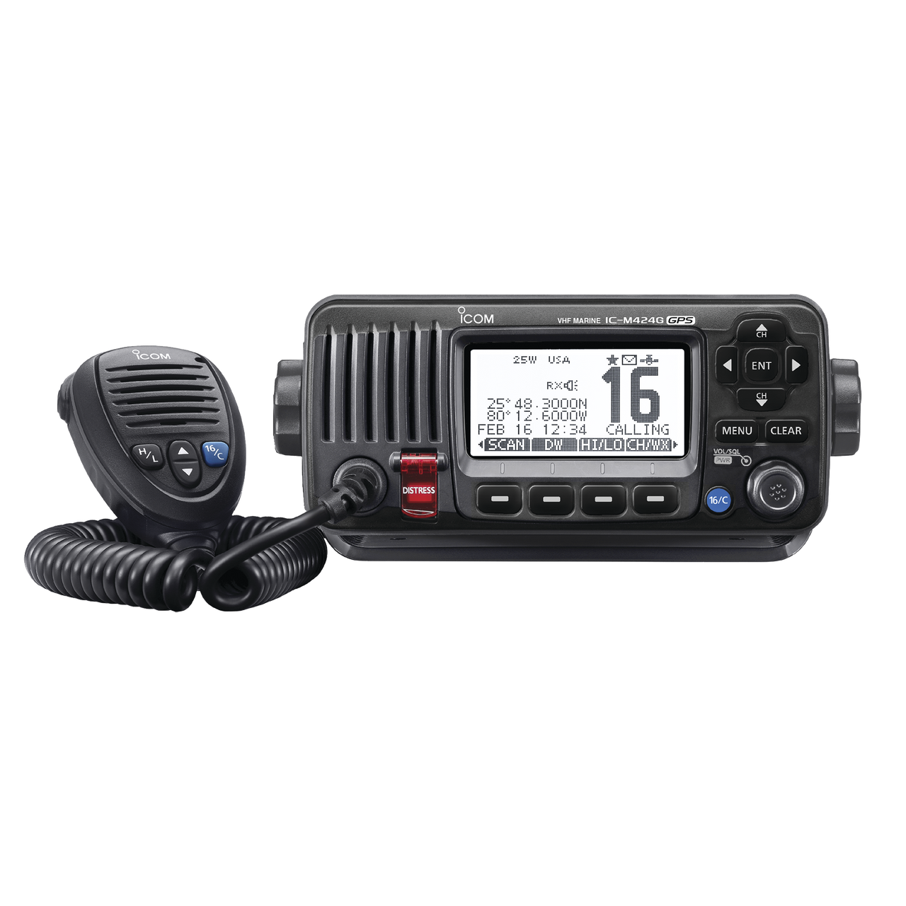 IC-M424G/41 Radio VHF Móvil Marino, Función de cancelación de ruido, GPS interconstruido, Salida de potencia de 10W, Bocina Manual, Elimina Residuos de Agua de la Bocina, IPX7 Sumergible, Color Negro.