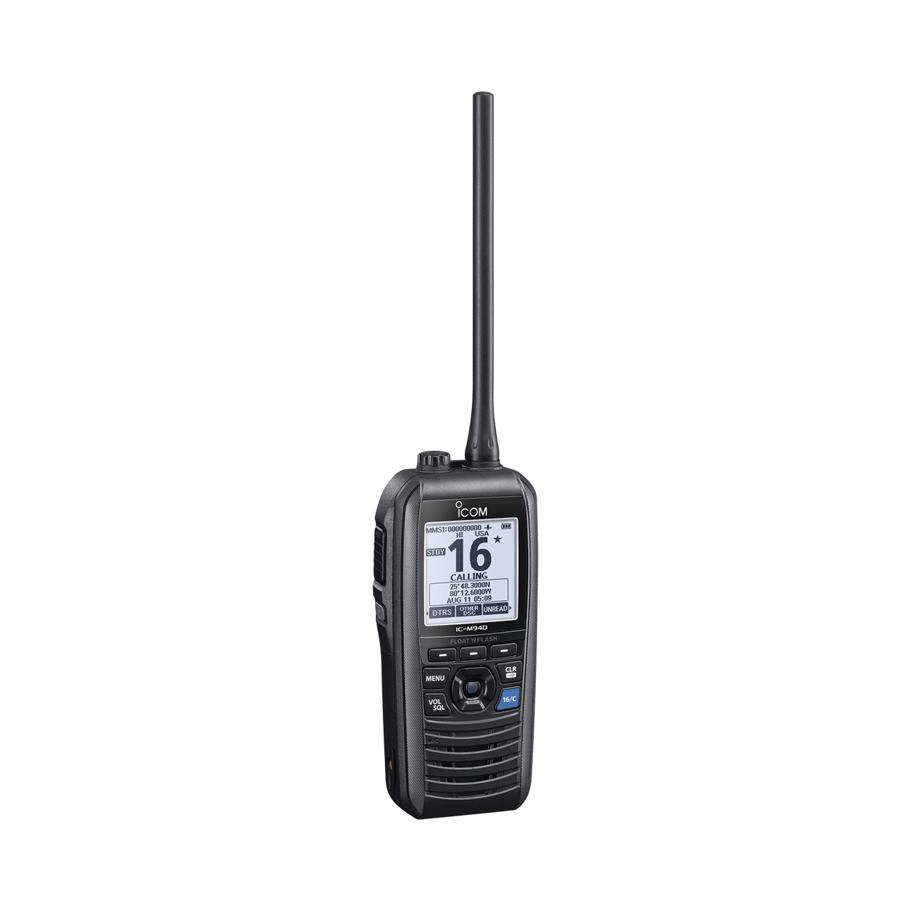 IC-M94D Radio portátil marino flotante con receptor AIS y GPS incluido, Tx: 156.025-157.425 MHz Rx: 156.050-163.275 MHz, opera en canales INT, USA, CAN, WX, Incluye antena, batería, cargador, cable de encendedor y clip.