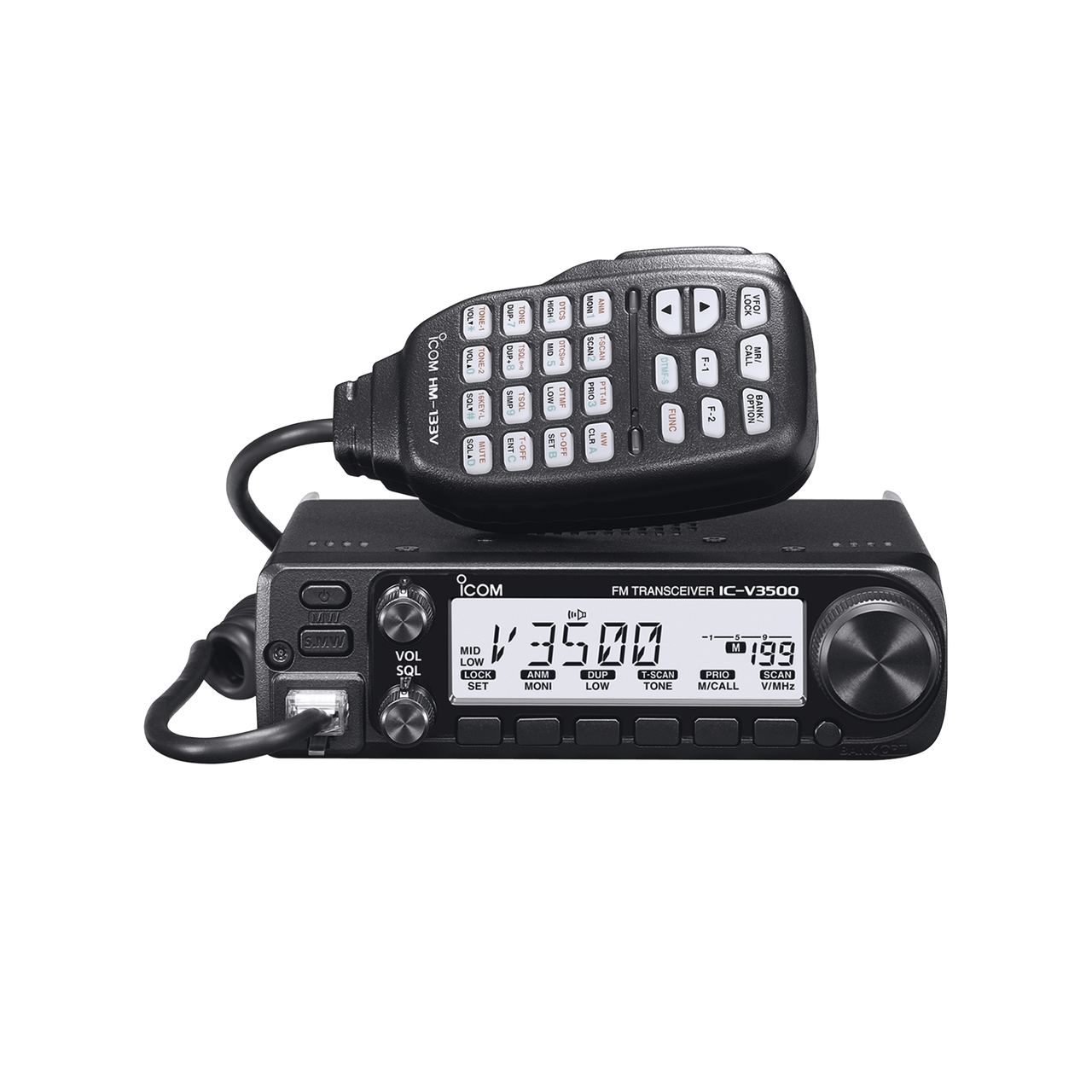 IC-V3500 Radio móvil para aficionados con potencia de salida de 65W, Rx:136-174MHz Tx: 144-148MHz, cuenta con 207 memorias, 4.5W de potencia de audio. Incluye micrófono y accesorios de montaje