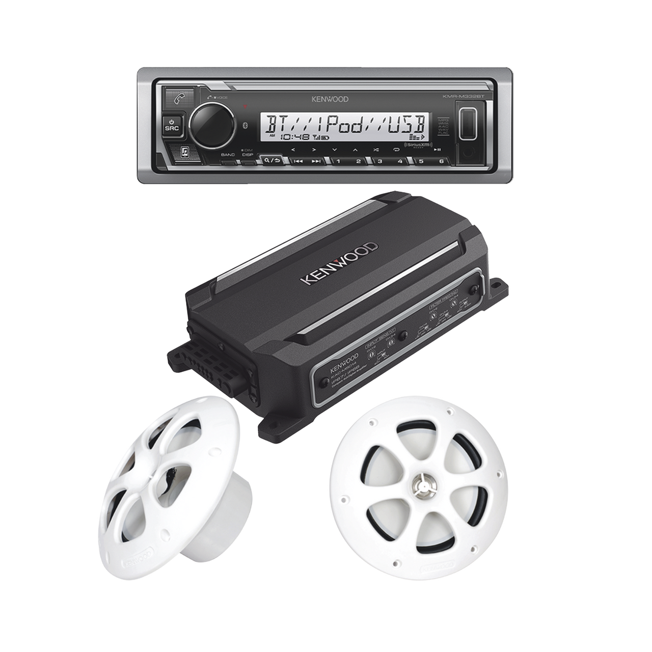KEA4/1613MRW Kit de estereo con Bluetooth KMR-M332BT | Amplificador KAC-M5014  | mas Par de bocinas KFC-1613MRW