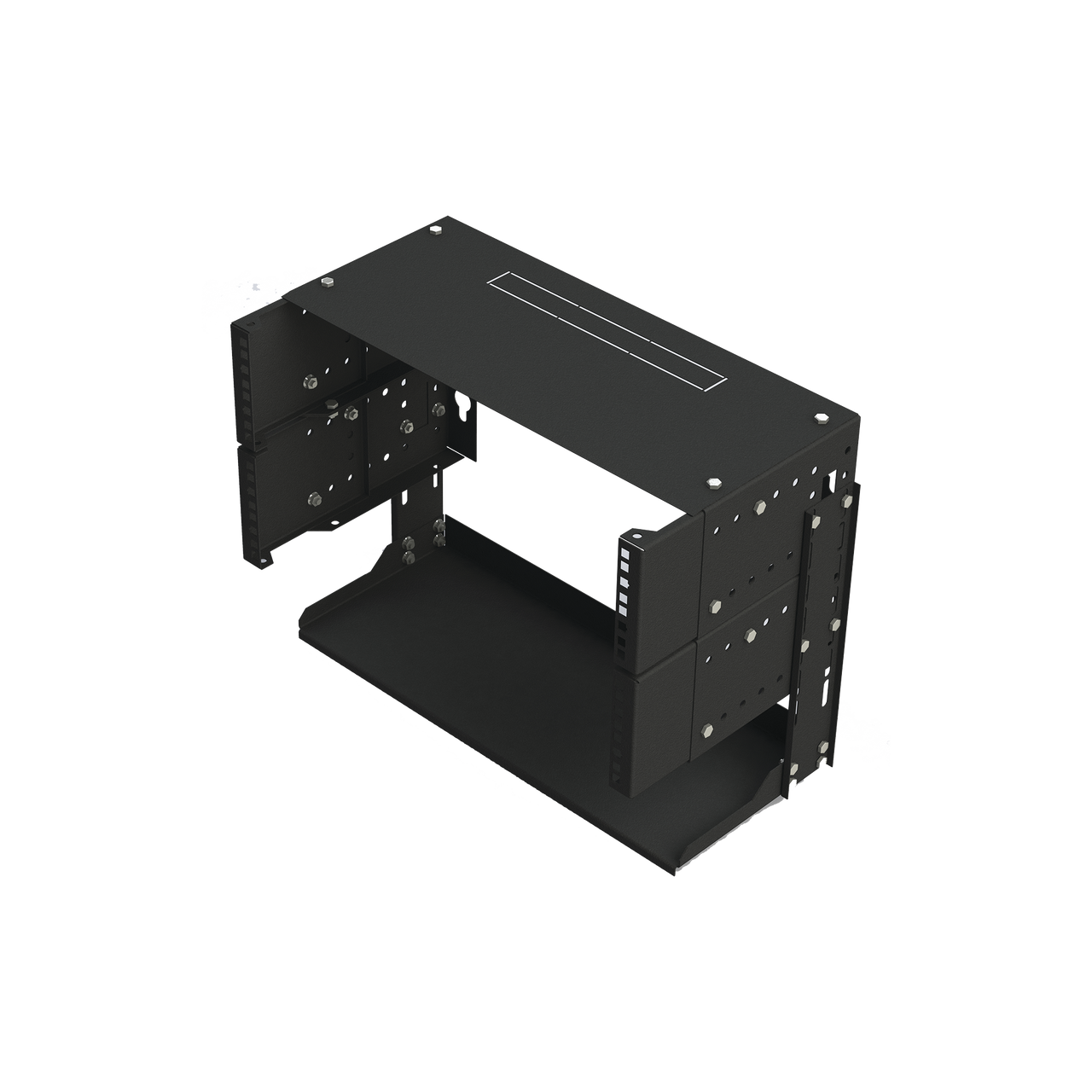 LP-REP-1205-CH Rack Abierto de montaje en Pared, de 19in, 5 Unidades de rack, Profundidad Ajustable (8 a 12) con Charola de Uso Múltiple.
