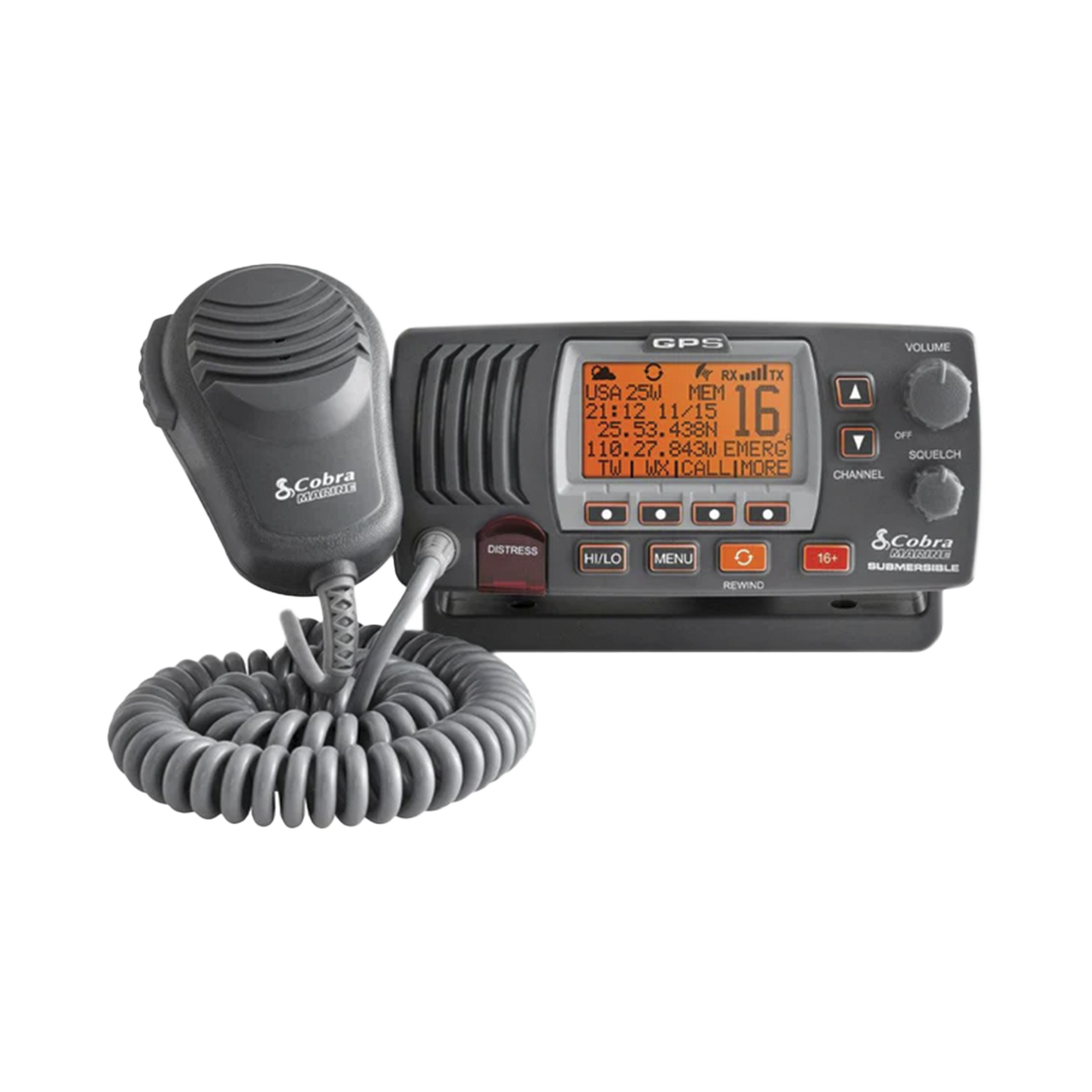 MRF57B Radio móvil marino VHF clase D con función de megafonía y grabador automático de 20 segundos de audio recibido. cuenta con los canales Internacionales, de Canadá y Estados Unidos