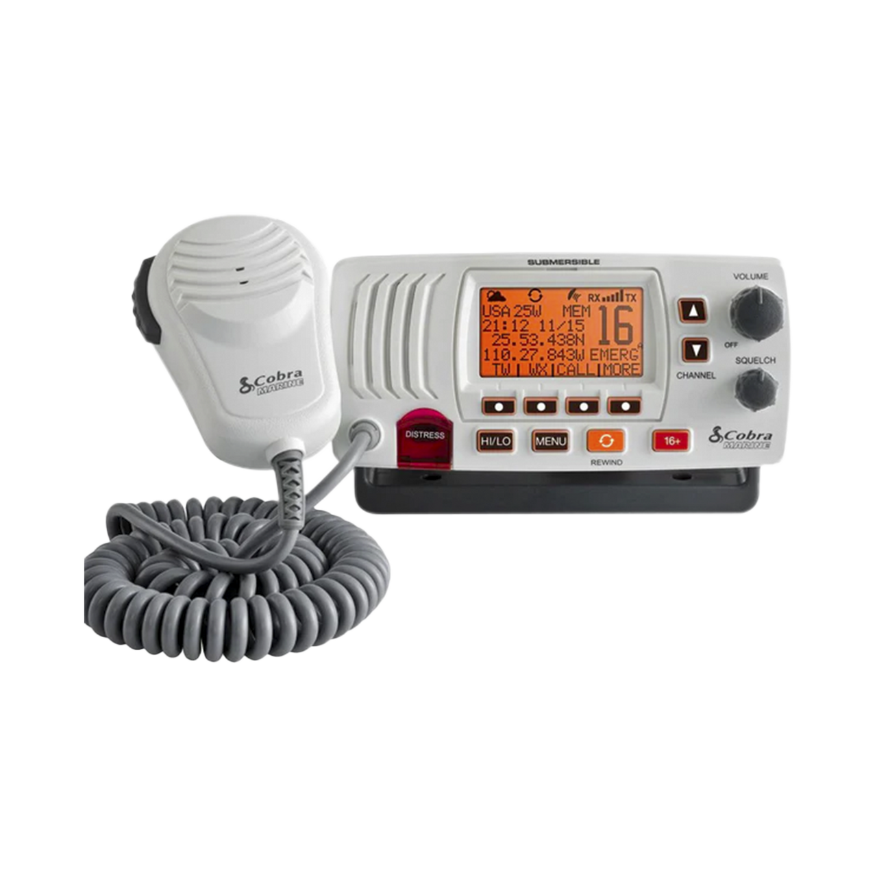 MRF57W Radio móvil marino VHF clase D con función de megafonía y grabador automático de 20 segundos de audio recibido. cuenta con los canales Internacionales, de Canadá y Estados Unidos