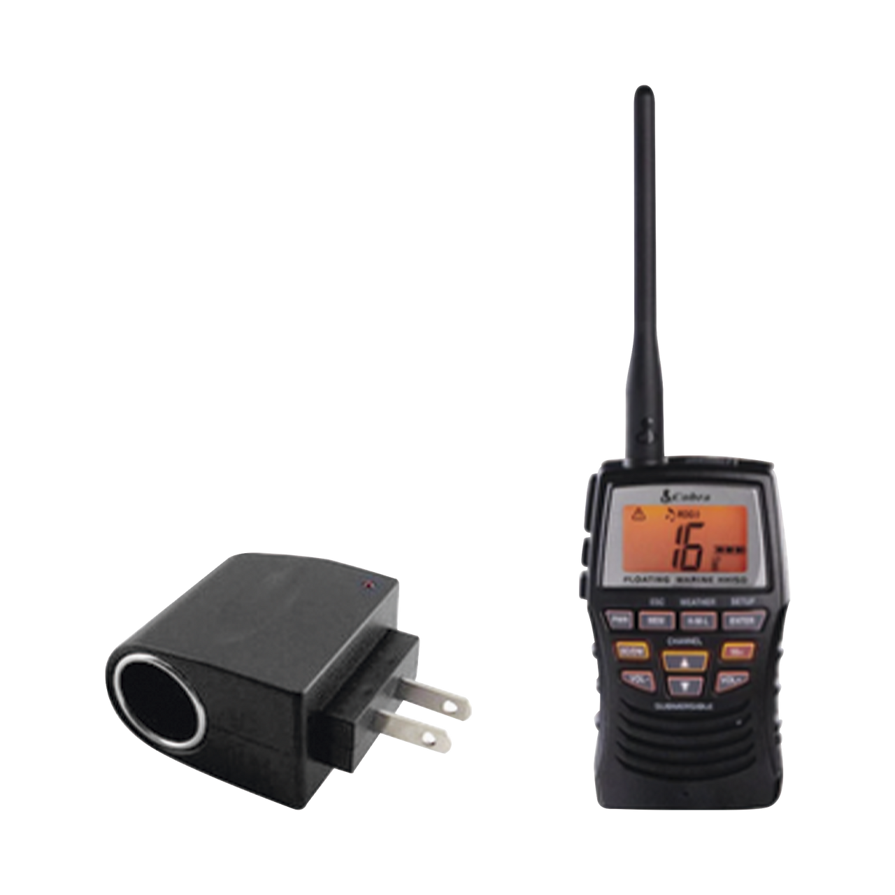 MRHH150/KIT Kit de Radio portátil marino flotante y sumergible. Incluye adaptador de corriente con entrada tipo encendedor.