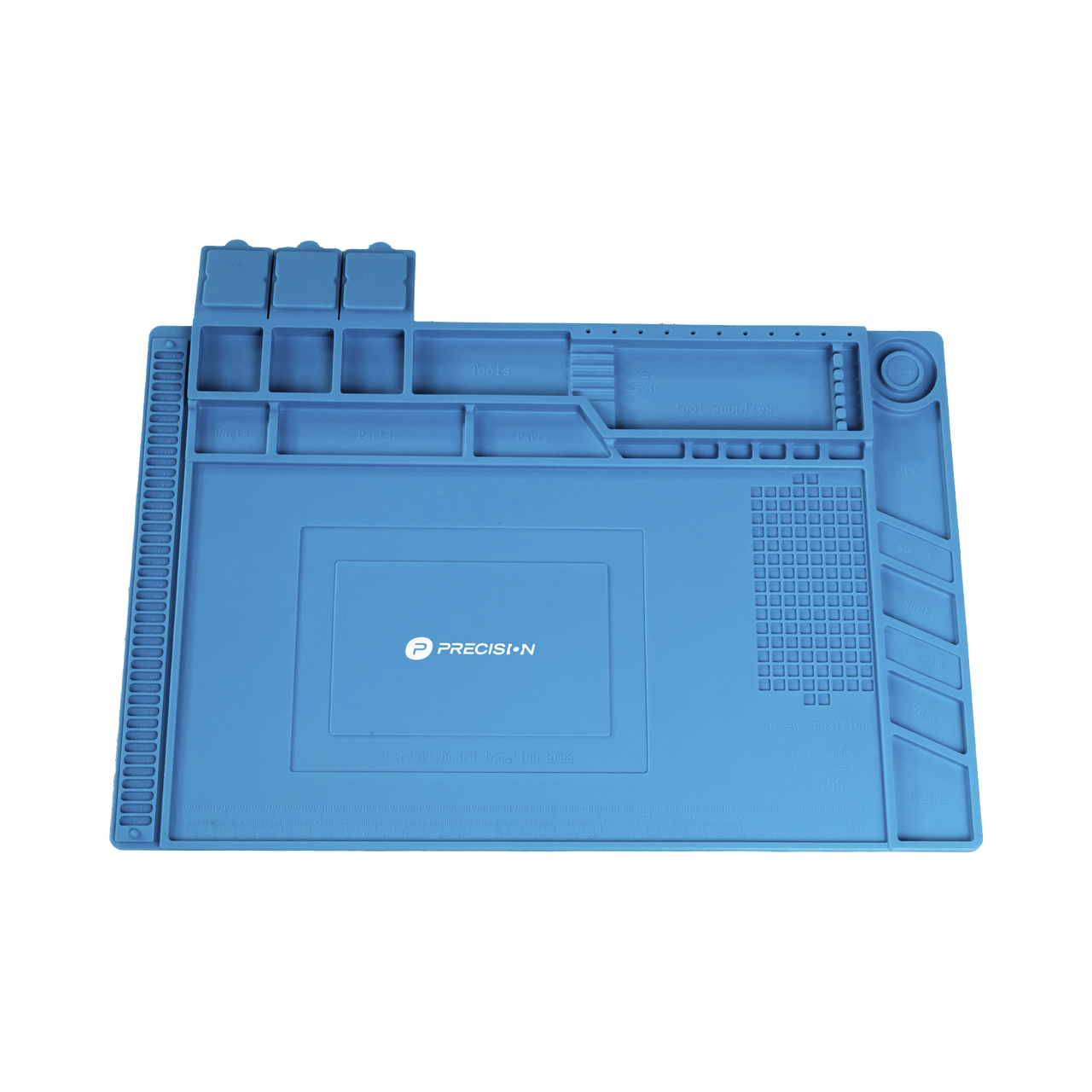 PST-S03-001 Tapete de silicona de 45 x 30 cm, resistente al calor con áreas magnéticas y de almacenamiento de componentes, ideal para la reparación de equipos y tarjetas electrónicas.