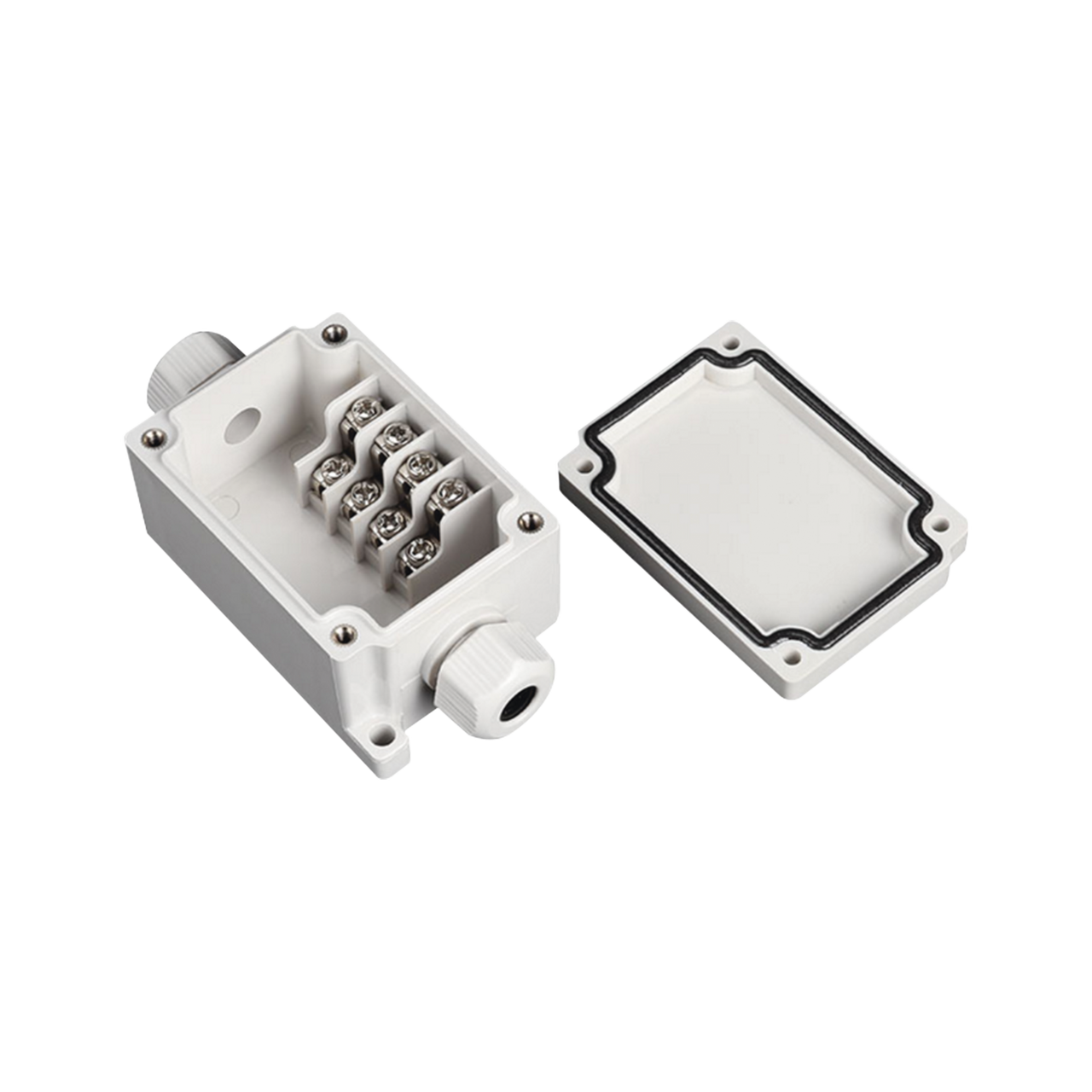 PST-TJ-4P Caja de Conexión Exterior con Conexión Lateral para 4 Líneas (doble tornillo). Incluye Glándulas.