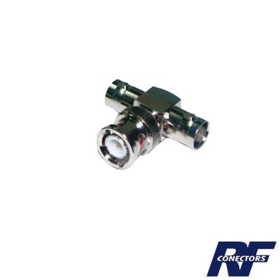 RFB-1130-1 Adaptador en T para 50 Ohm de BNC Macho a Doble BNC Hembra, Troquelado, Níquel/ Oro/ Delrin.