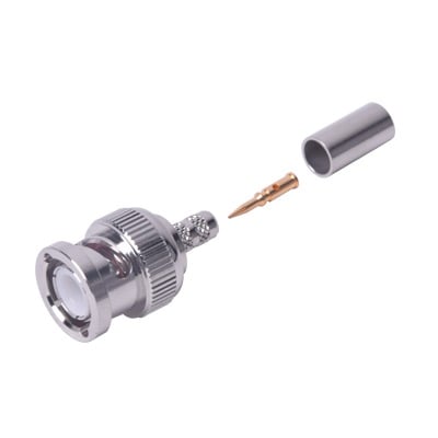 RFB-1106-2 Conector BNC Macho de Anillo Plegable para Cable LP-195, LP-142, LMR-195, RG-58/U, RG-142/U, Níquel/ Oro/ Delrin.