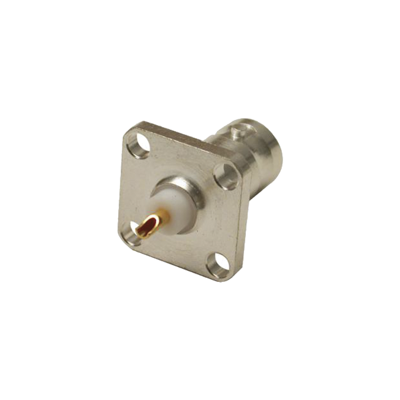 RFB-1115-S Conector BNC Hembra para Chasis, 4 Perforaciones con 12.7 mm, Plata/ Oro/ Teflón.