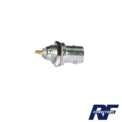 RFB-1116 Conector BNC Hembra de Montaje Frontal D-Plano, Soldable, Rondana de Seguridad, Níquel/ Oro/ Delrin.