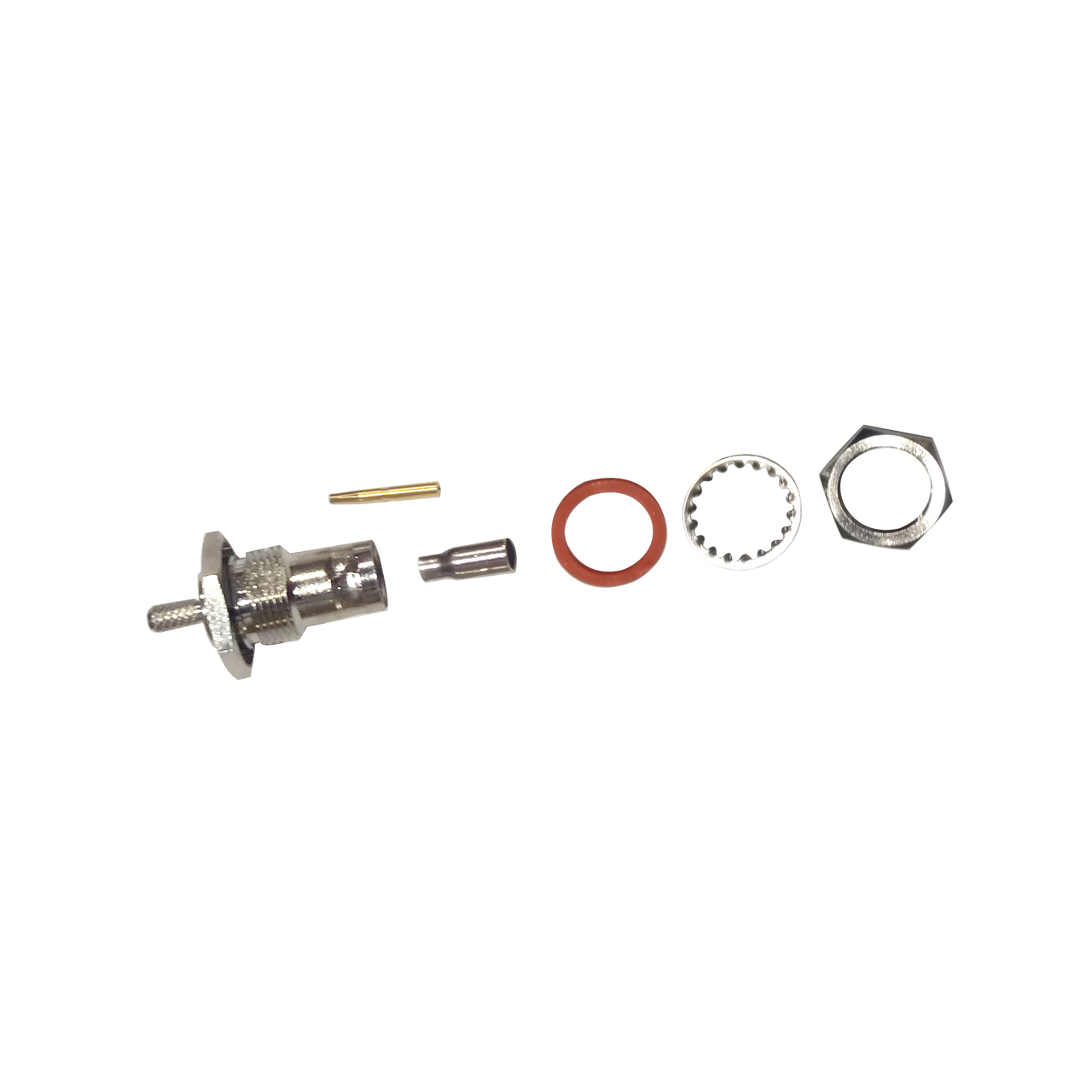 RFB-1117-B-T Conector BNC Hembra / Chasis en D-Plano, de Anillo / RG-174, Niquel / Oro / Teflón.