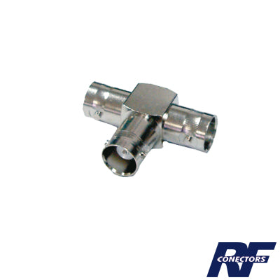 RFB-1131 Adaptador Triple en T para 50 Ohm de BNC Hembra a Doble BNC Hembras, Níquel/ Plata/ Teflón.
