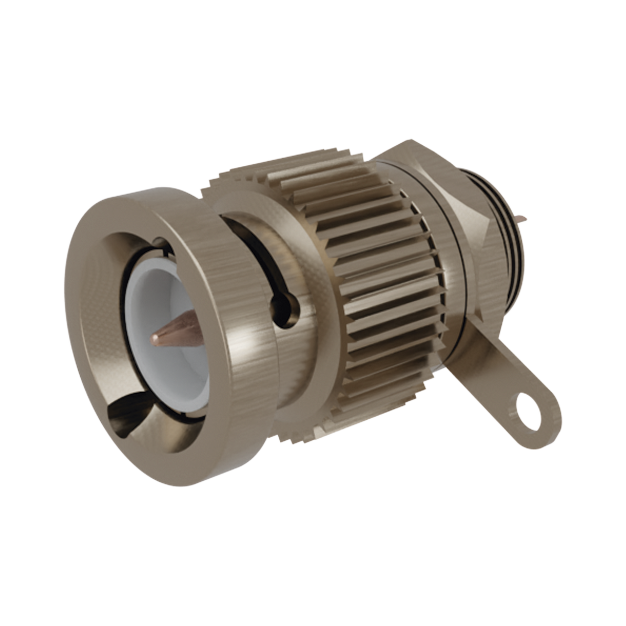 RFB-1143-H Conector BNC Macho, Montaje Frontal en D-Plano, Contacto Soldable, Níquel/ Oro/ Teflón.