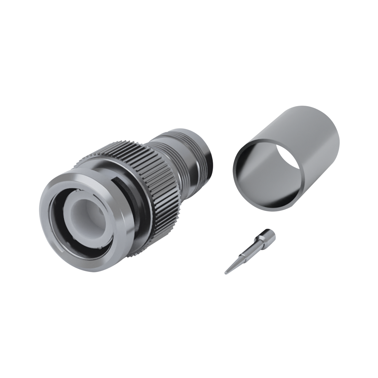 RFB-1707-QQ Conector BNC Macho (75 Ohm No Reales), Anillo Plegable para RG-59/U/62, Níquel/ Níquel/ Delrin.