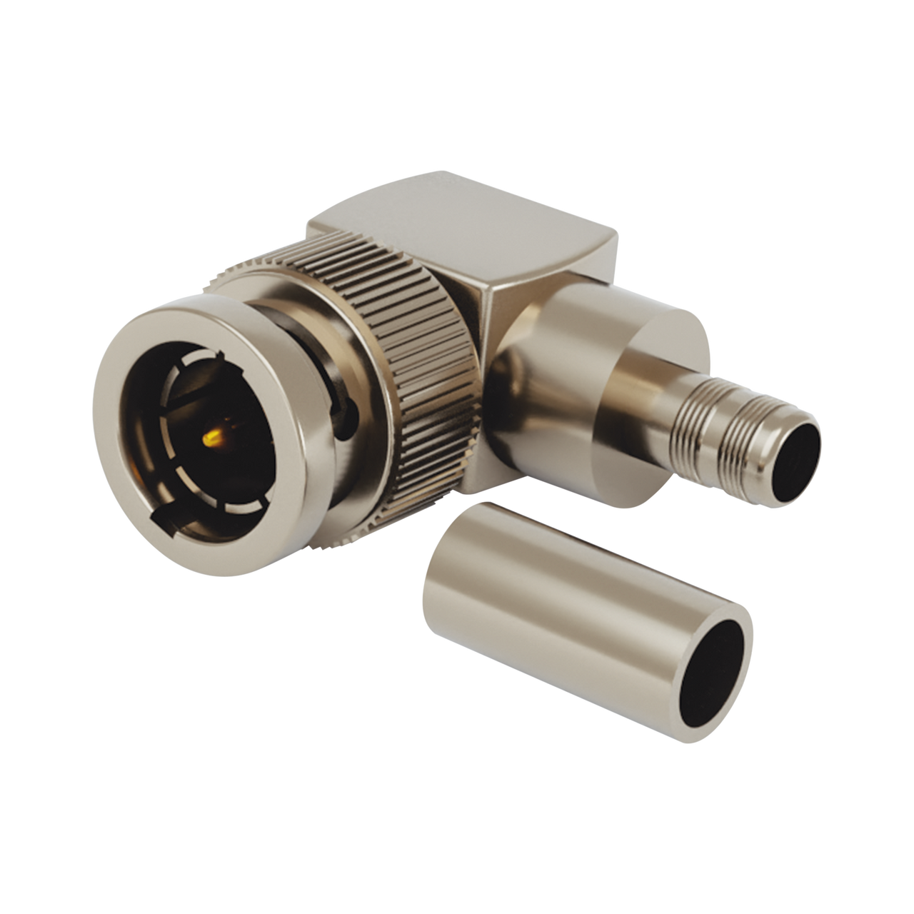 RFB-1710-K Conector BNC Macho en Ángulo Recto para 75 Ohm, Anillo Plegable para COMMSCOPE 735 ó Grupo K, Níquel/ Oro/ Teflón.