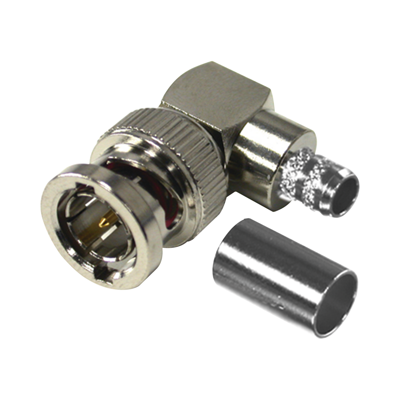 RFB-1710-Q Conector BNC Macho en Ángulo Recto para 75 Ohm, Anillo Plegable en Cable Coaxial RG-6/U, Grupo Q, Níquel/ Oro/ Teflón.