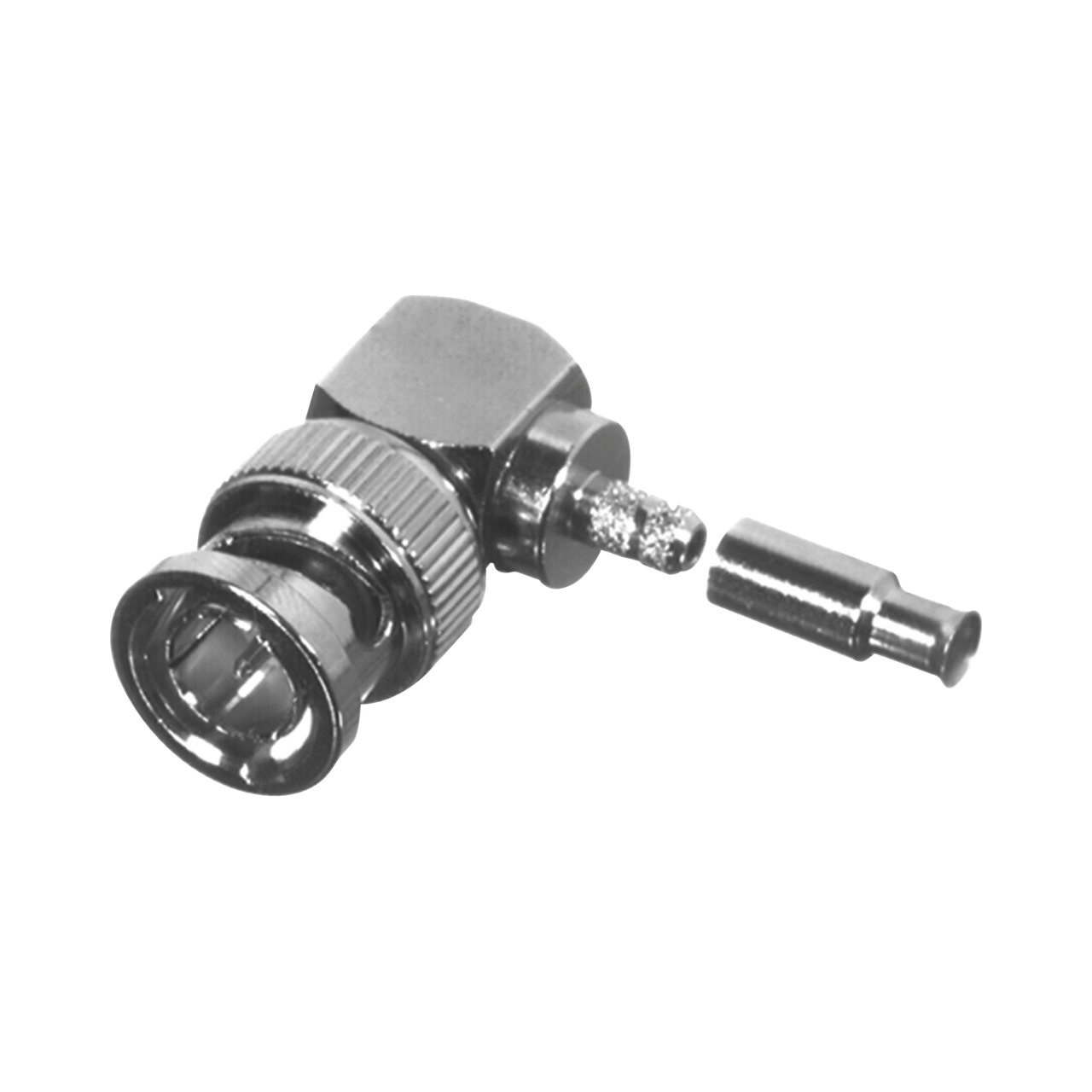 RFB-1710-S1 Conector BNC Macho en Ángulo Recto para 75 Ohm, Anillo Plegable para Cable RG-179/U, Grupo S1, Níquel/ Oro/ Teflón.