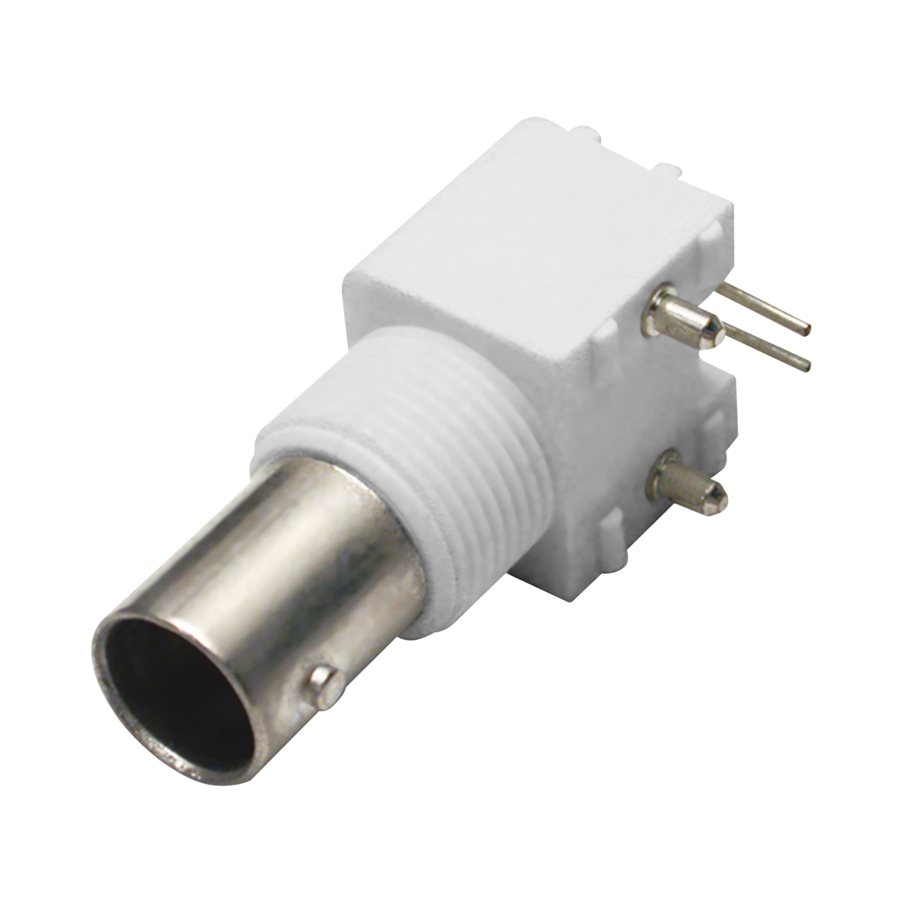 RFB-1712-W  Conector BNC Hembra en Ángulo Recto para PCB, Postes y Patas, Cuerpo Termoplástico Blanco, Níquel/ Oro/ Polipropileno.