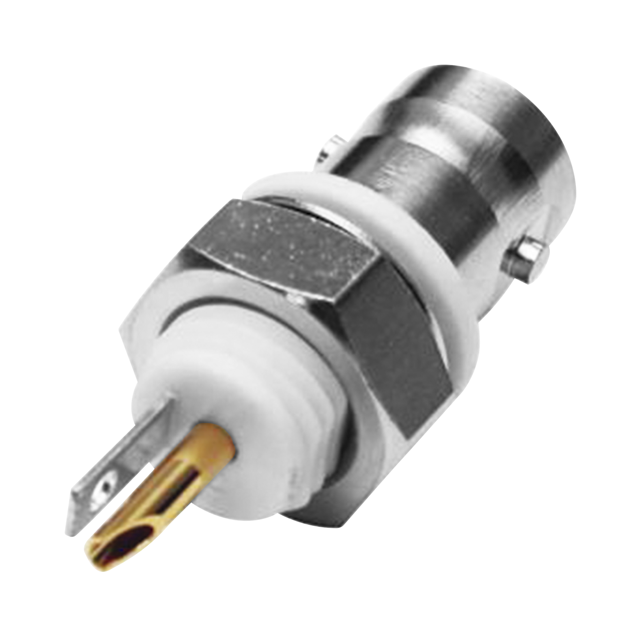 RFB-1716-I-03 Conector BNC Hembra Aislado para Montaje en Panel Frontal en D-Plano, Soldable para Grupo I, Níquel/ Oro/ Teflón.