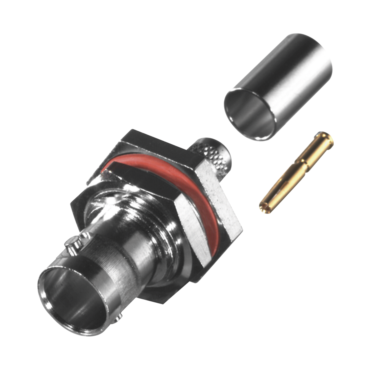 RFB-1717 Conector BNC Hembra para Chasis en D-Plano con Aro de Goma, Anillo Plegable para RG-59/U, Grupo D, 75 Ohm, Níquel/ Oro/ Delrin