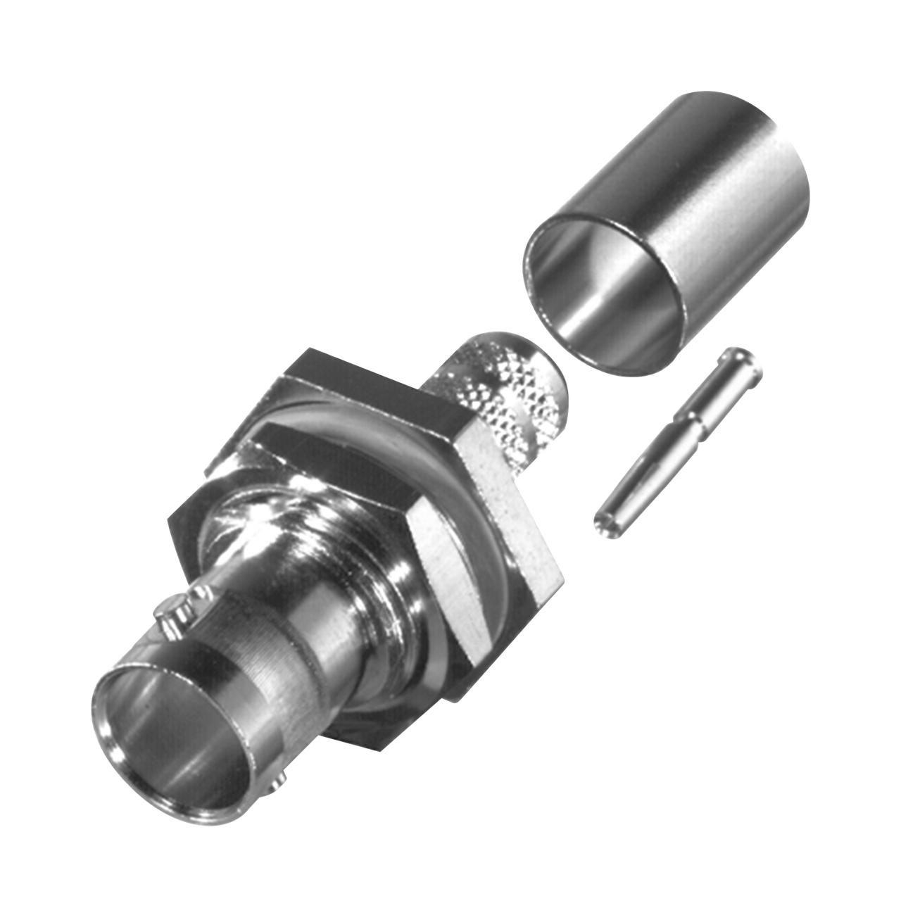 RFB-1717-Q Conector BNC Hembra para Chasis en D-Plano con Aro de Goma, Anillo Plegable para RG-6/U y Grupo Q, 75 Ohm, Níquel/ Oro/ Teflón.