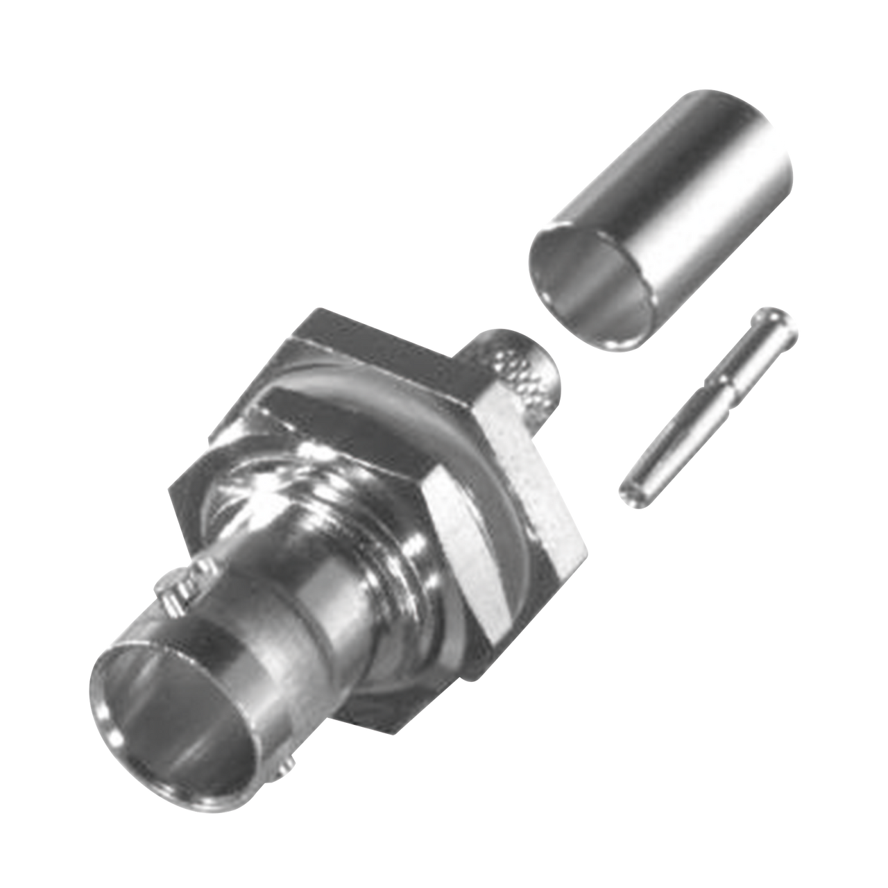 RFB-1717-S Conector BNC Hembra para Chasis en D-Plano con Aro de Goma, Anillo Plegable para RG-179/U, Grupo S, 75 Ohm, Níquel/ Oro/ Teflón.