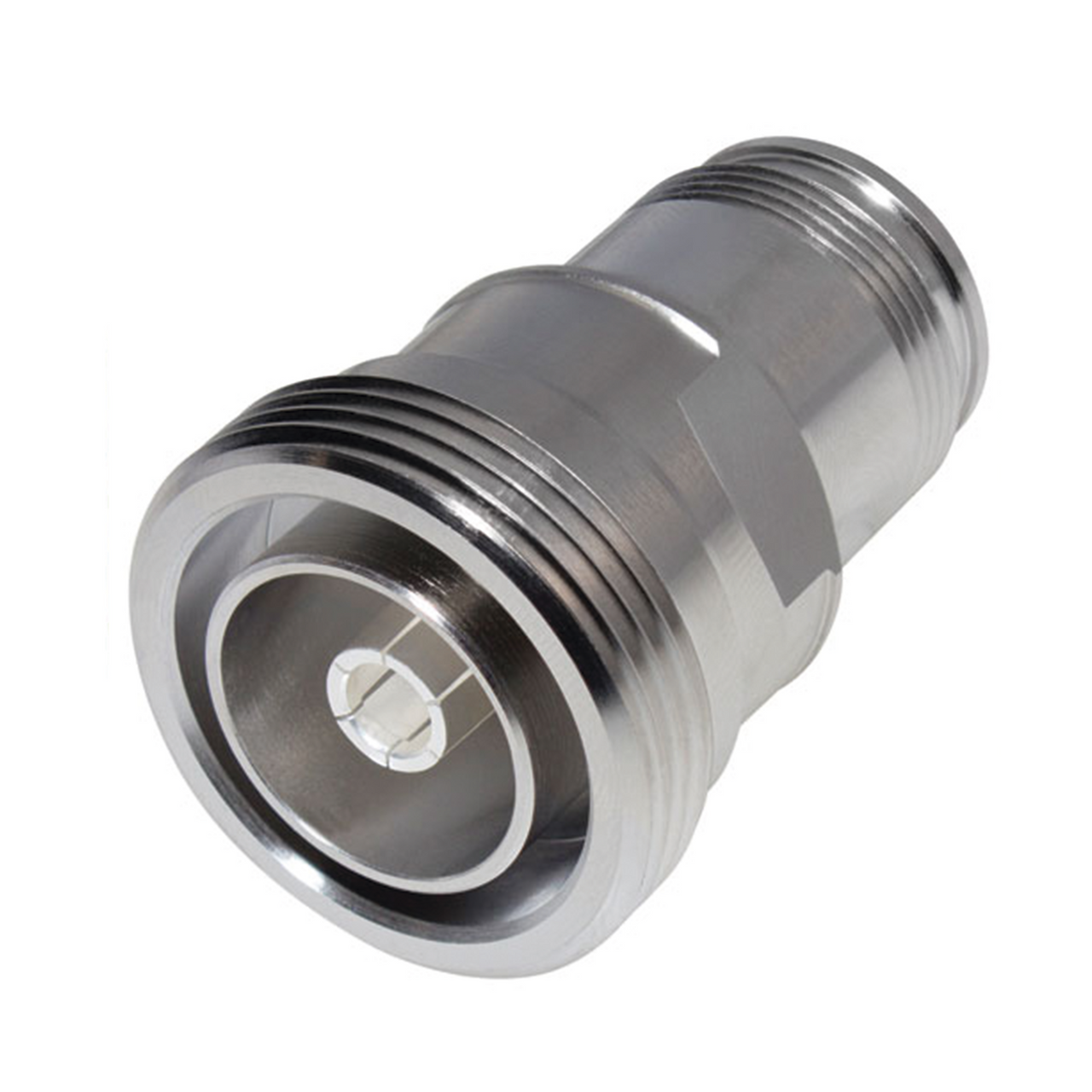 RFD-1685-4 Adaptador en Línea de Conector DIN 7-16 Hembra a 4.3-10 Hembra, Bronce Blanco/ Plata/ Teflón.