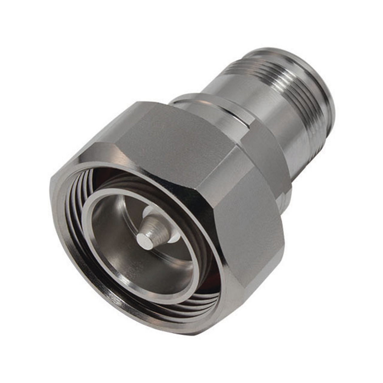 RFD-1687-4 Adaptador en Línea de Conector DIN 7-16 Macho a 4.3-10 Hembra, Bronce Blanco/ Plata/ Teflón.