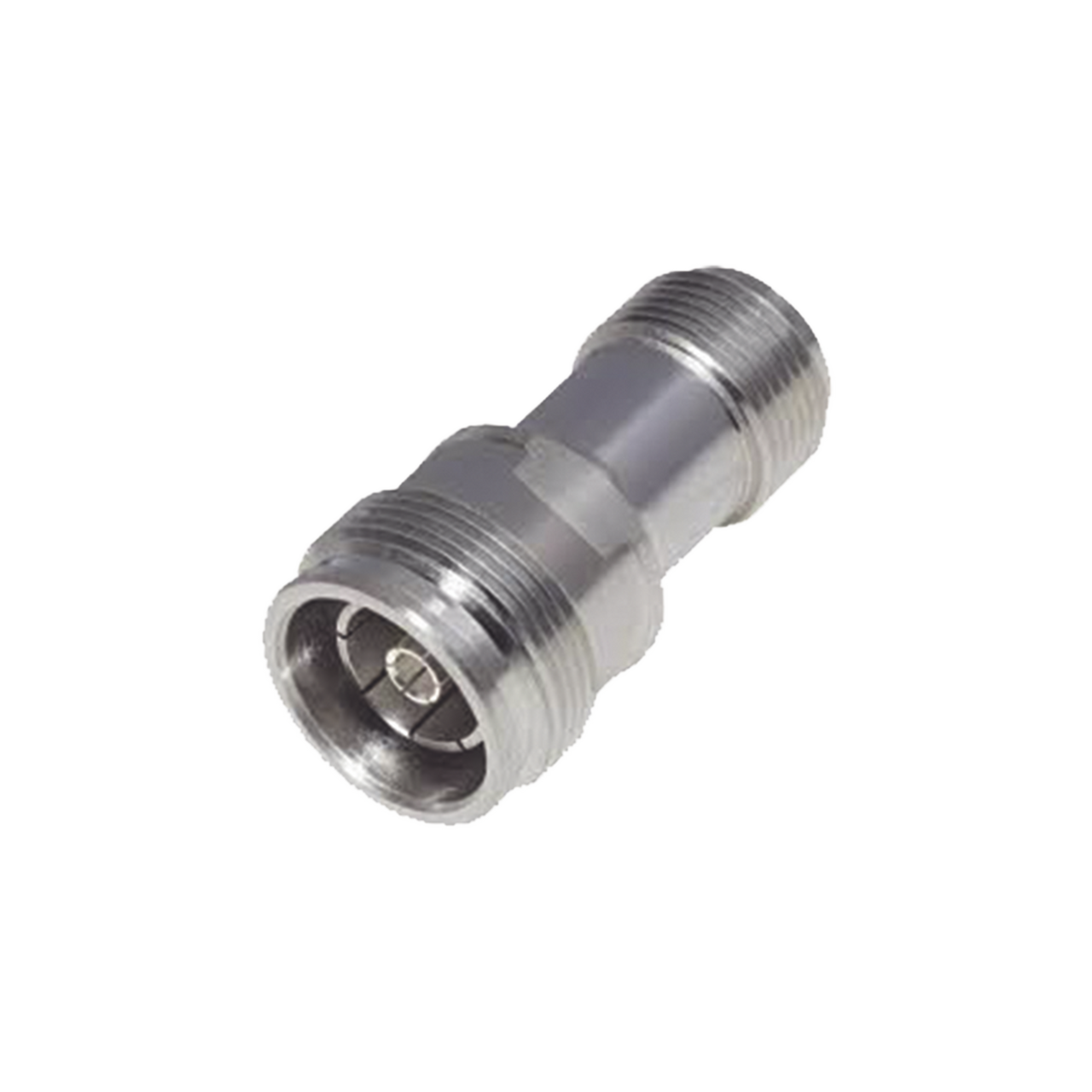 RFD-43F-NF Adaptador en Línea de Conector 4.3-10 Hembra a N Hembra, Bronce Blanco/ Plata/ Teflón.