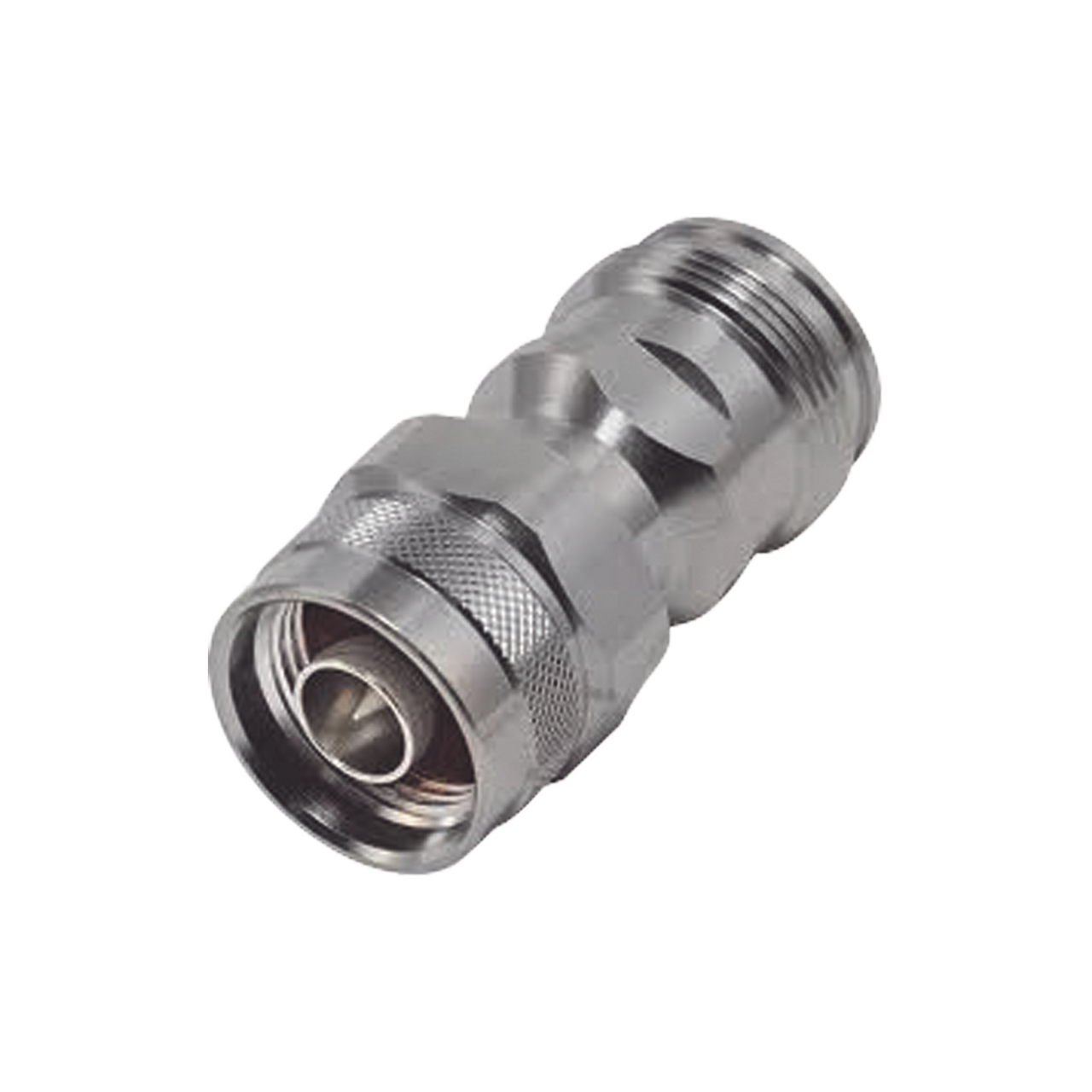 RFD-43F-NM Adaptador en Línea de Conector 4.3-10 Hembra a N Macho, Bronce Blanco/ Plata/ Teflón.