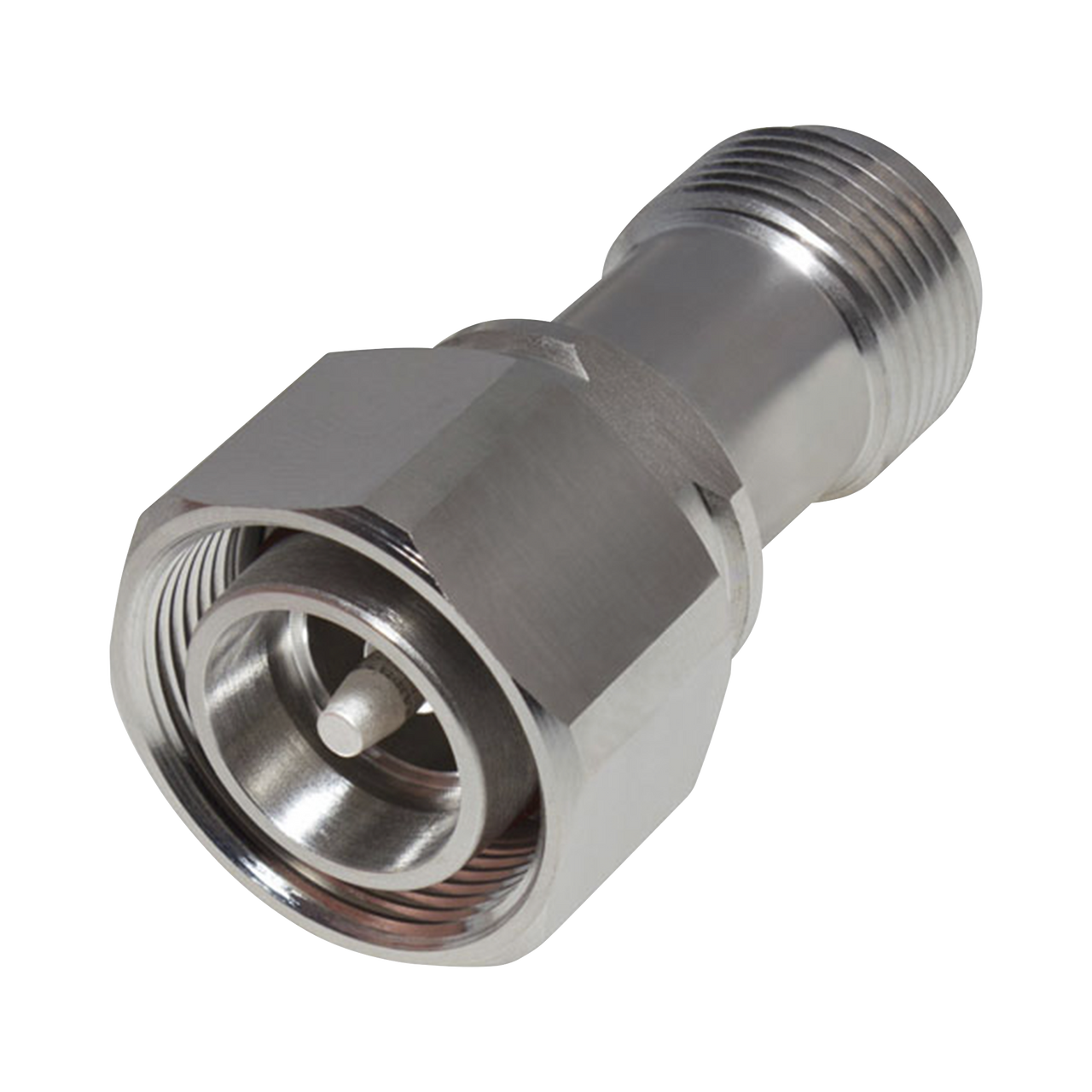 RFD-43M-NF Adaptador en Línea de Conector 4.3-10 Macho a N Hembra, Bronce Blanco/ Plata/ Teflón.